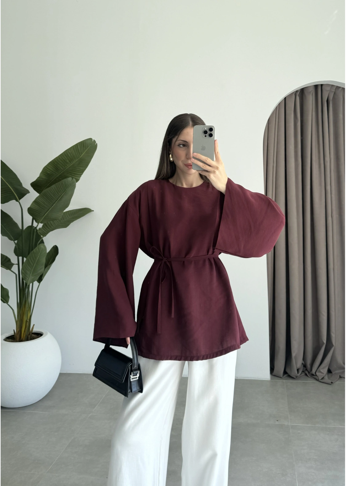 Yırtmaçlı Kuşaklı Tensel Bordo Tunik