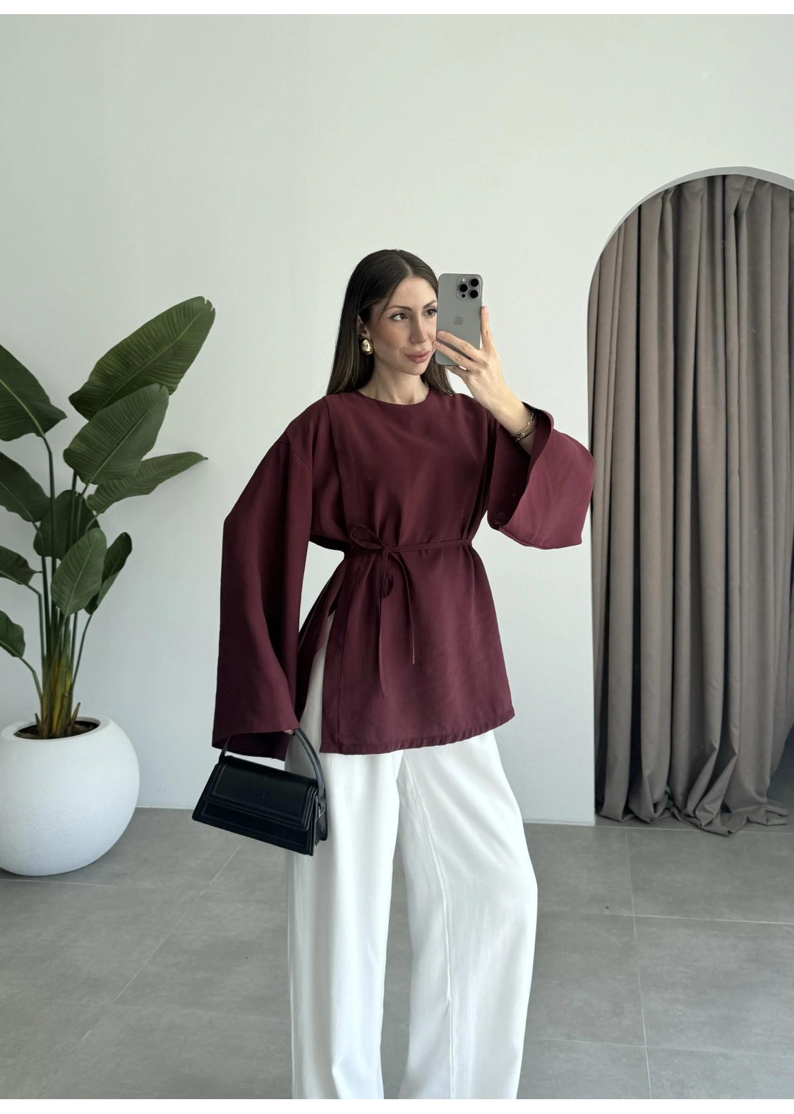 Yırtmaçlı Kuşaklı Tensel Bordo Tunik