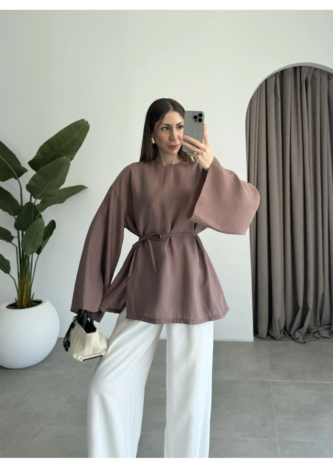 Yırtmaçlı Kuşaklı Tensel Cappuccino Tunik