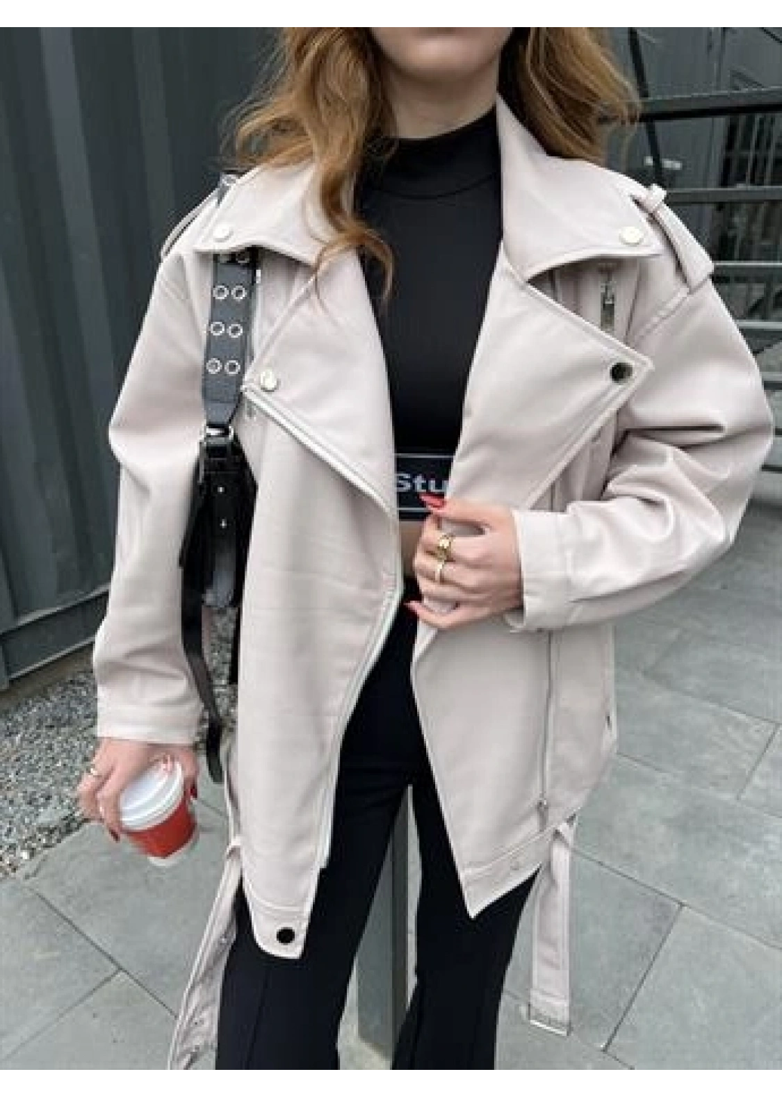 Zara Model Nude Deri Biker Ceket