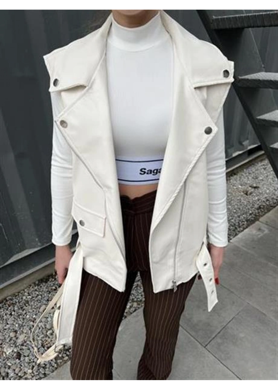 Zr Model Ekru Deri Biker Yelek