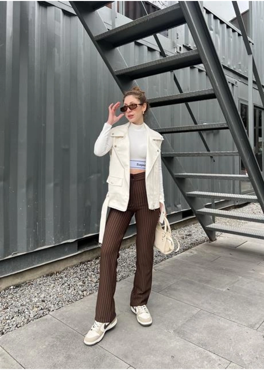 Zr Model Ekru Deri Biker Yelek