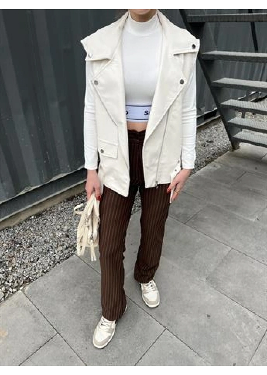 Zr Model Ekru Deri Biker Yelek