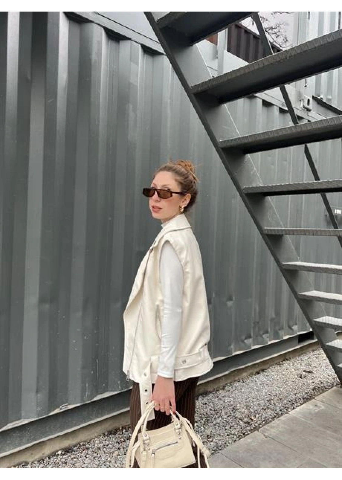 Zr Model Ekru Deri Biker Yelek