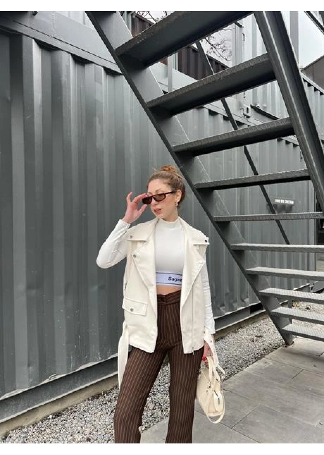 Zr Model Ekru Deri Biker Yelek