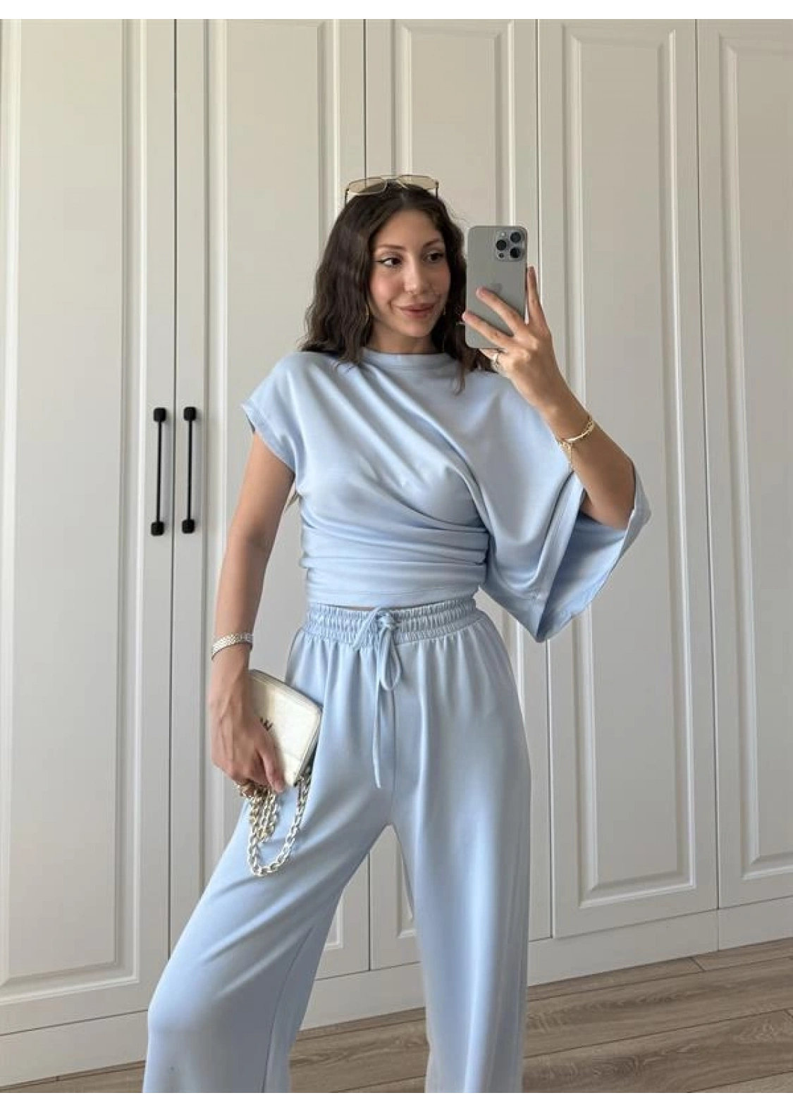 Zr Model Modal Kumaş Tek Kol Yarasa Bebe Mavi Büzgülü Takım