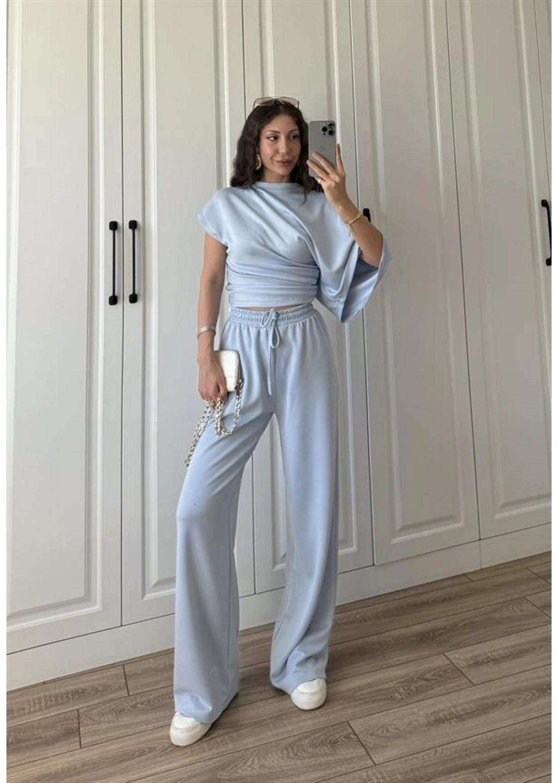 Zr Model Modal Kumaş Tek Kol Yarasa Bebe Mavi Büzgülü Takım