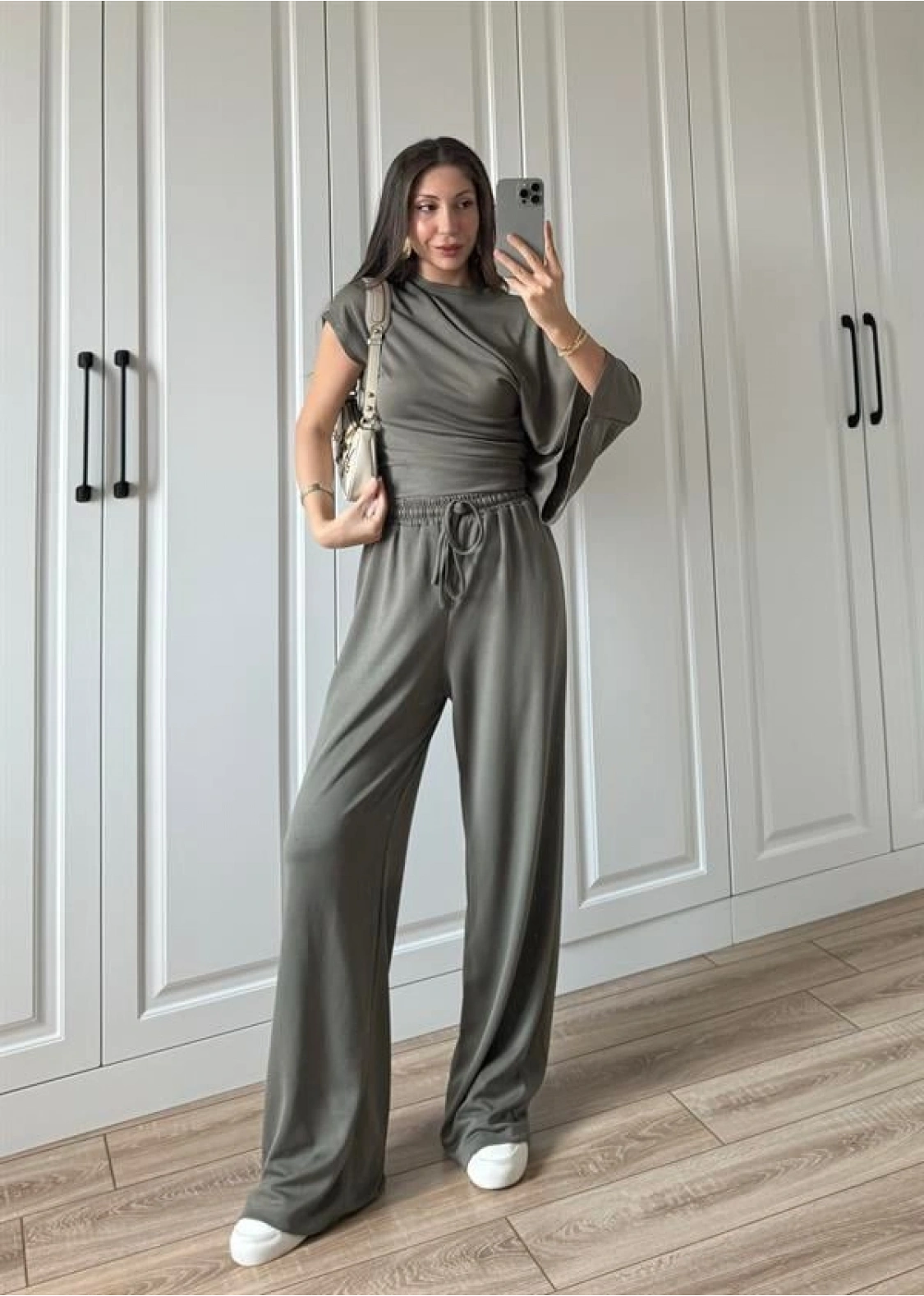Zr Model Modal Kumaş Tek Kol Yarasa Haki Büzgülü Takım