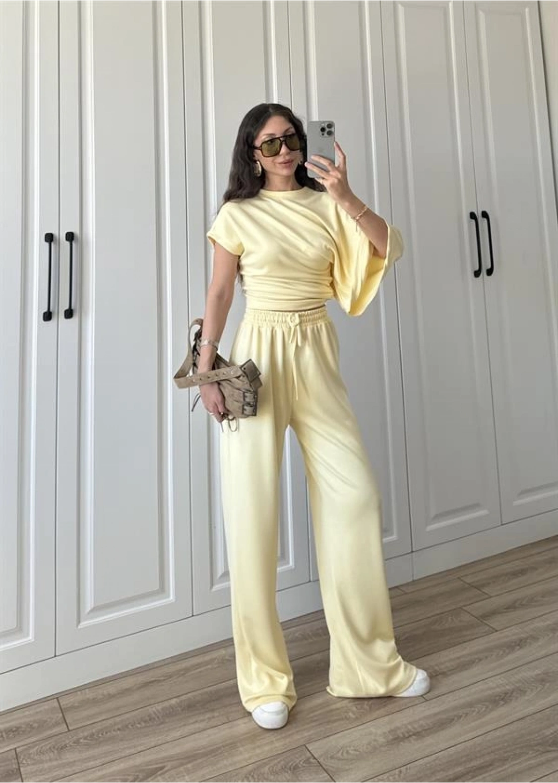 Zr Model Modal Kumaş Tek Kol Yarasa Sarı Büzgülü Takım