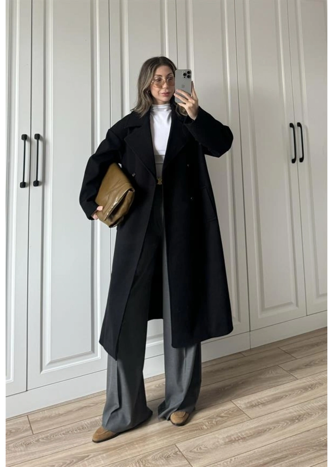 Zr Model Oversize Siyah Kaşe Kaban