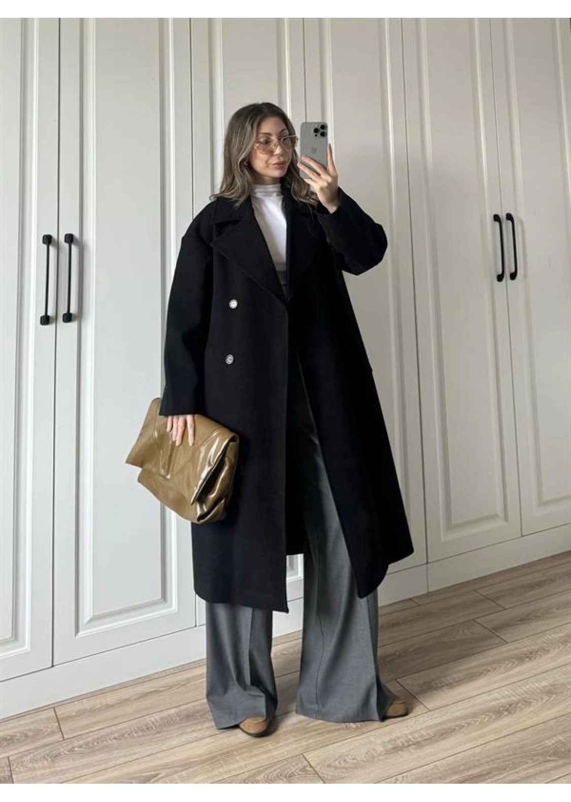 Zr Model Oversize Siyah Kaşe Kaban