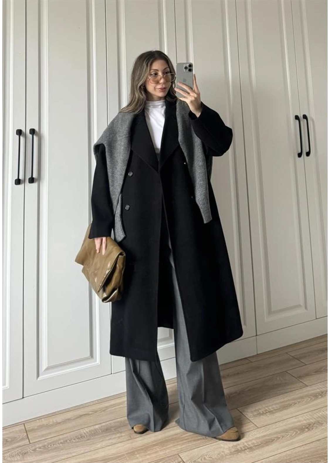 Zr Model Oversize Siyah Kaşe Kaban