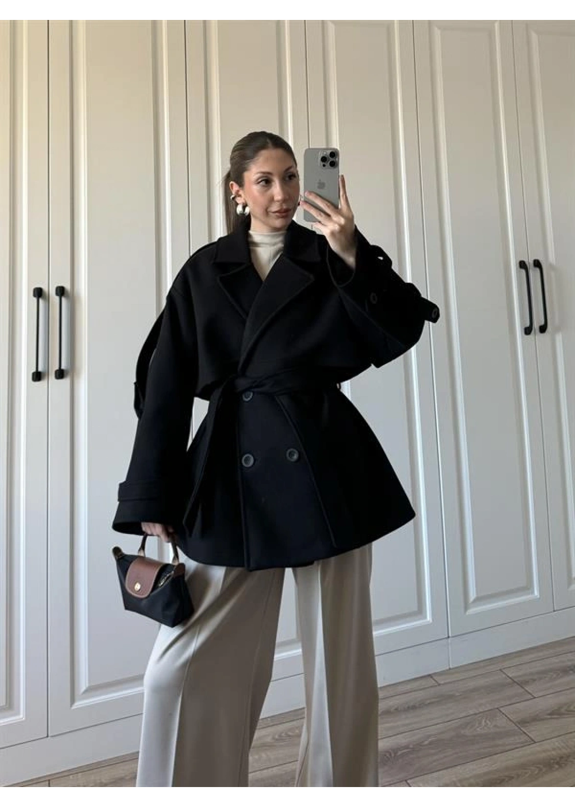 Zr Model Rose Oversize Siyah Kaşe Kaban