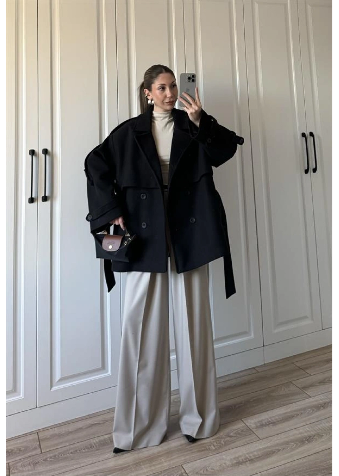 Zr Model Rose Oversize Siyah Kaşe Kaban