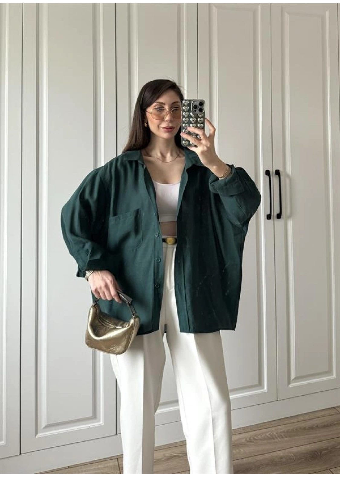 Zümrüt Yeşilİ Oversize Tensel Gömlek