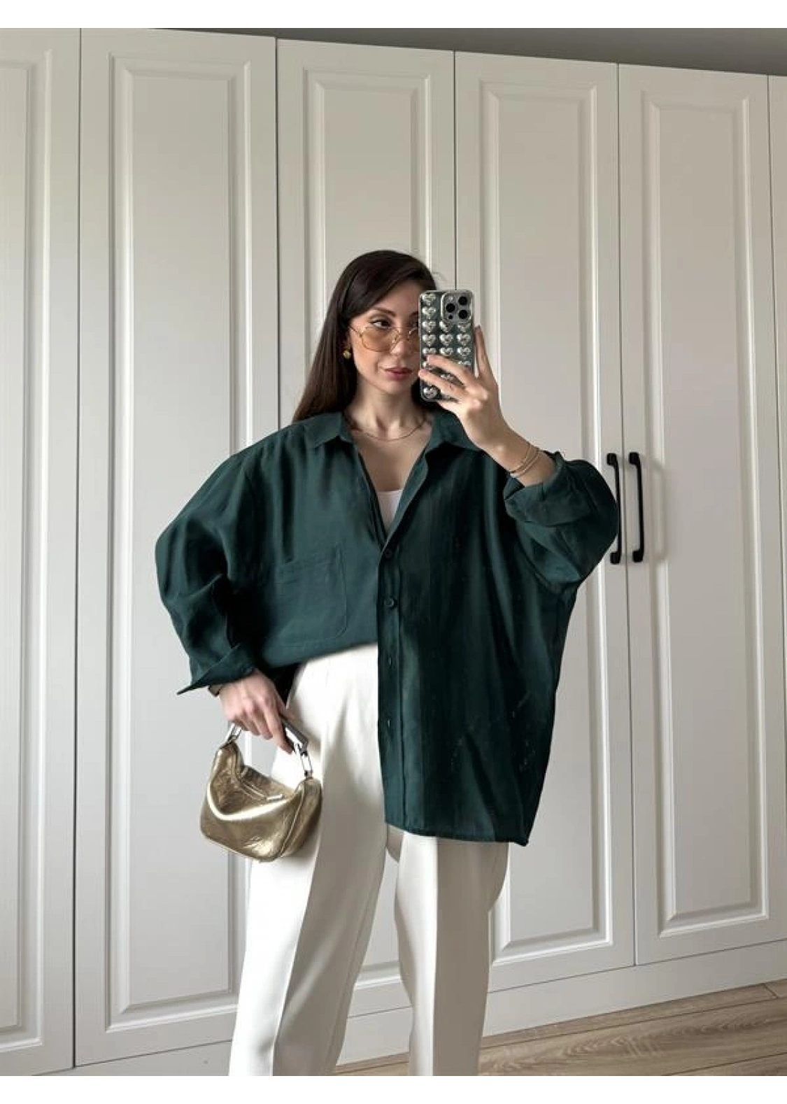 Zümrüt Yeşilİ Oversize Tensel Gömlek