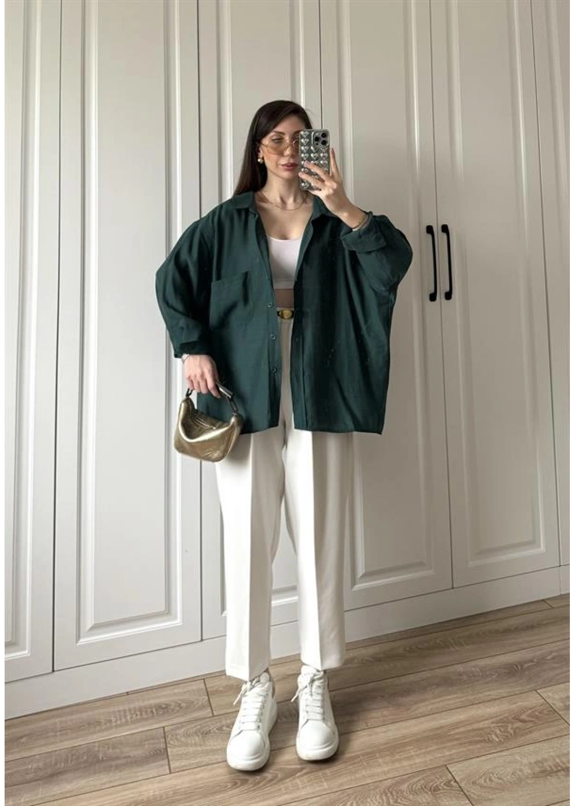 Zümrüt Yeşilİ Oversize Tensel Gömlek