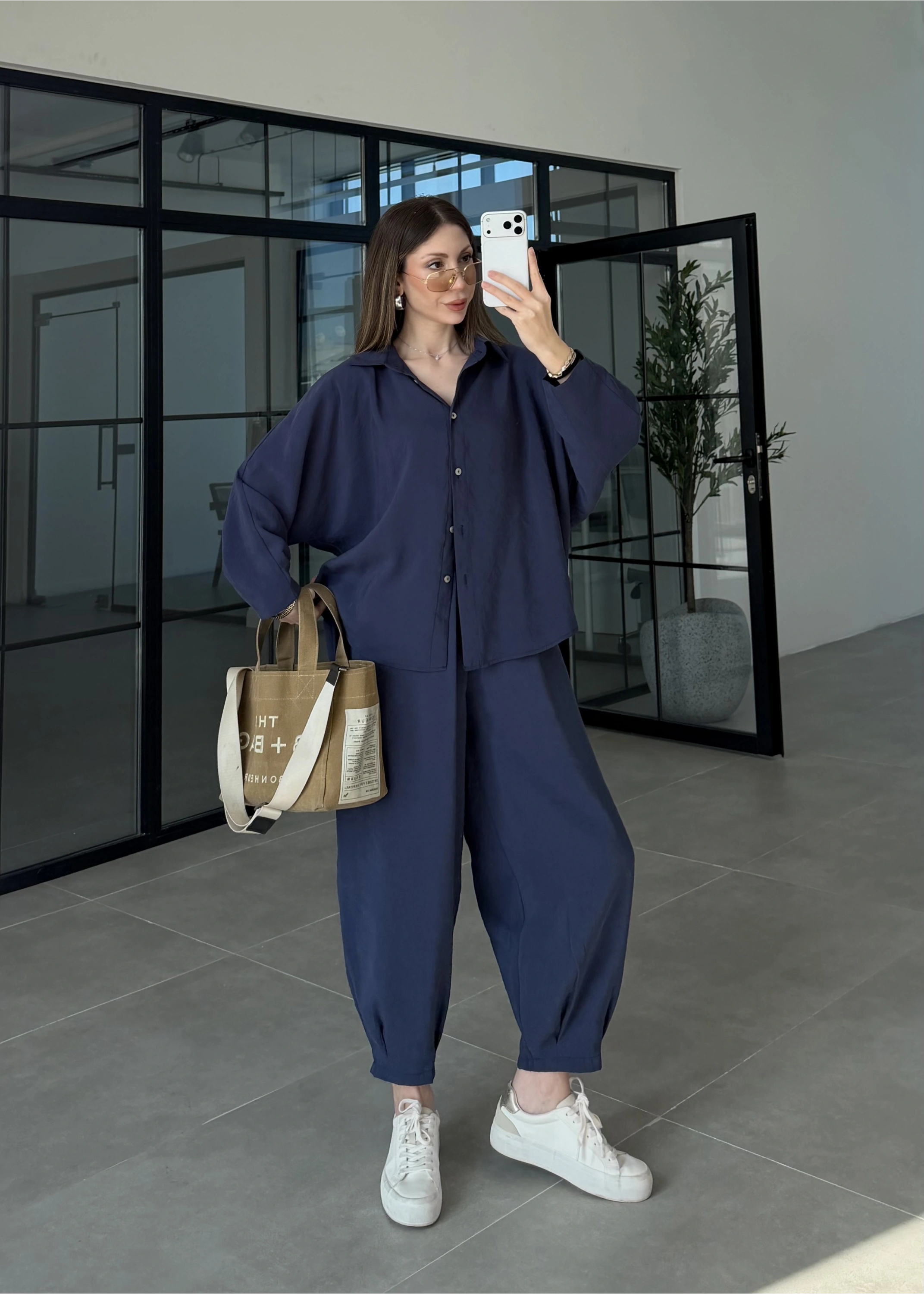 Tensel Oversize Lacivert Şalvar Takım