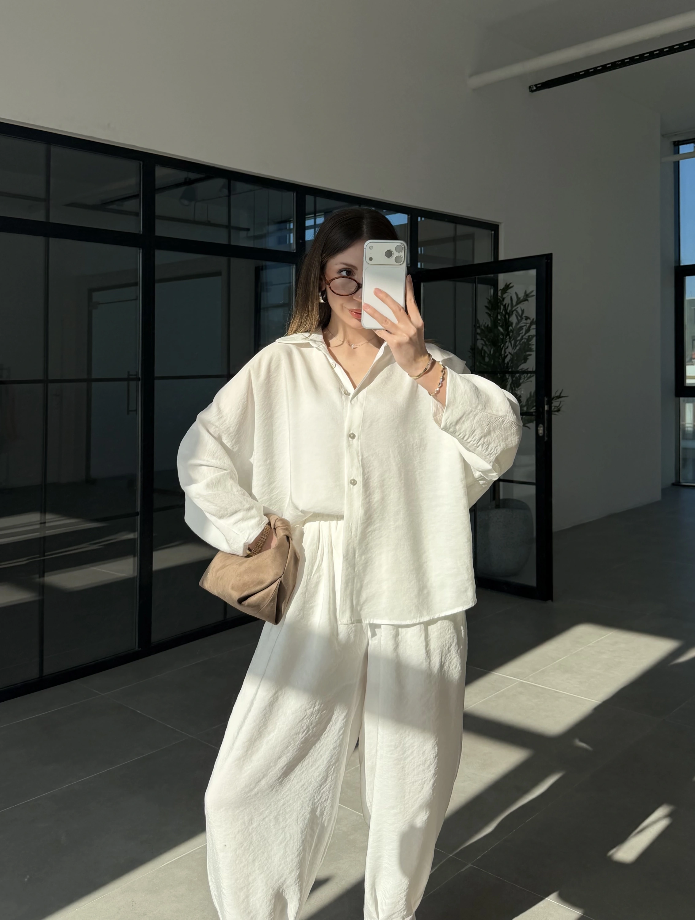 Tensel Oversize Beyaz Şalvar Takım