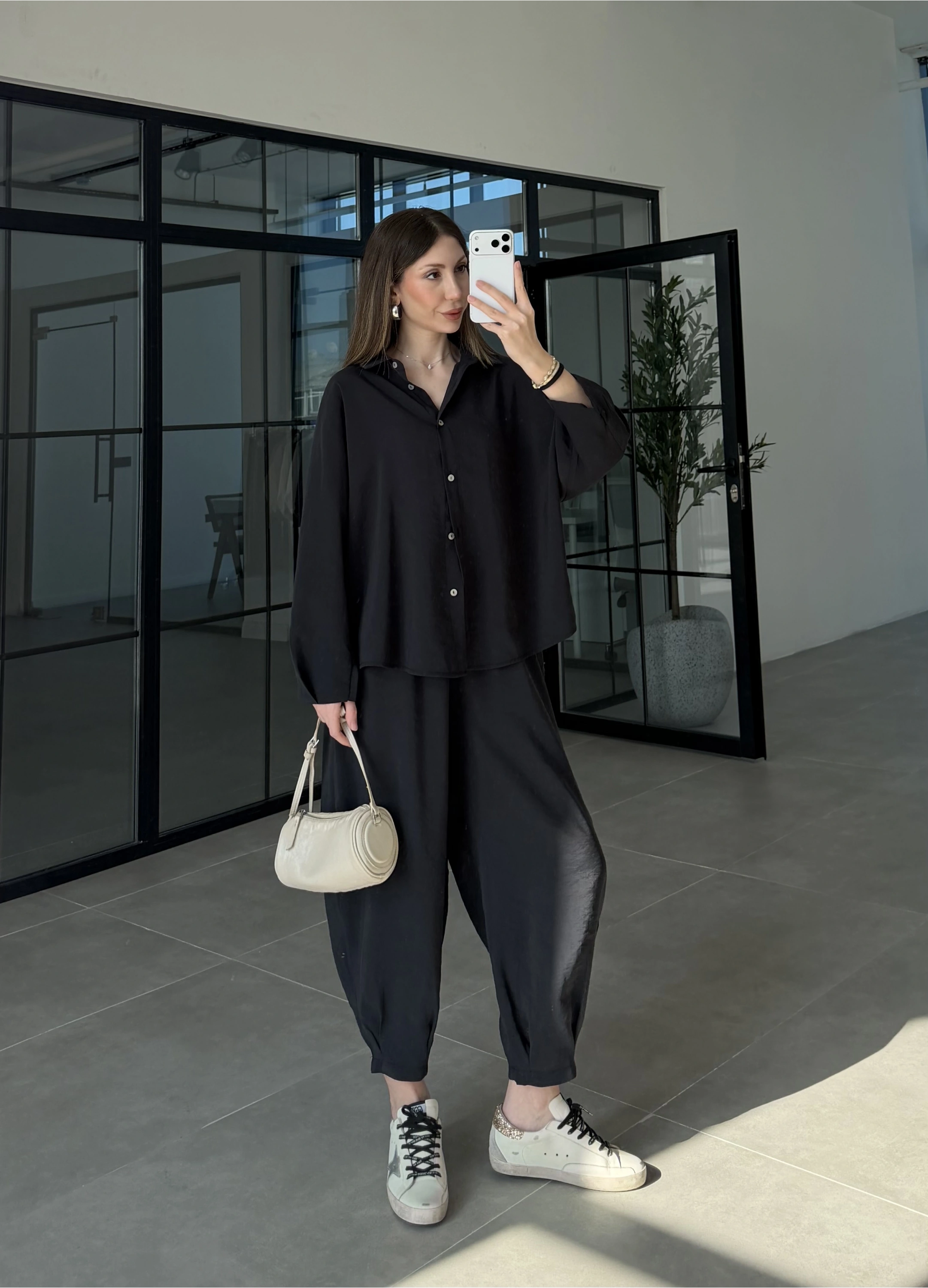 Tensel Oversize Siyah Şalvar Takım