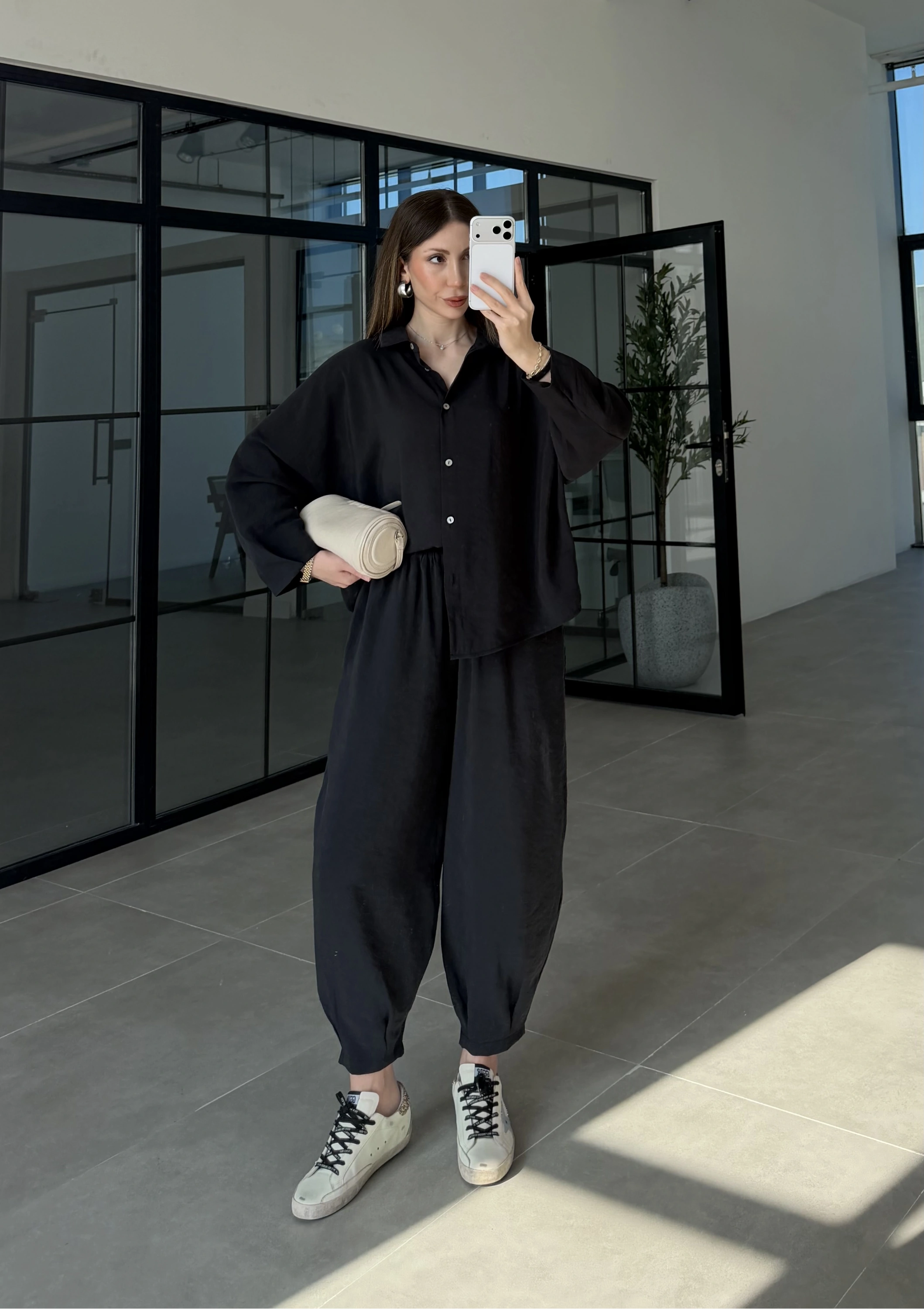 Tensel Oversize Siyah Şalvar Takım