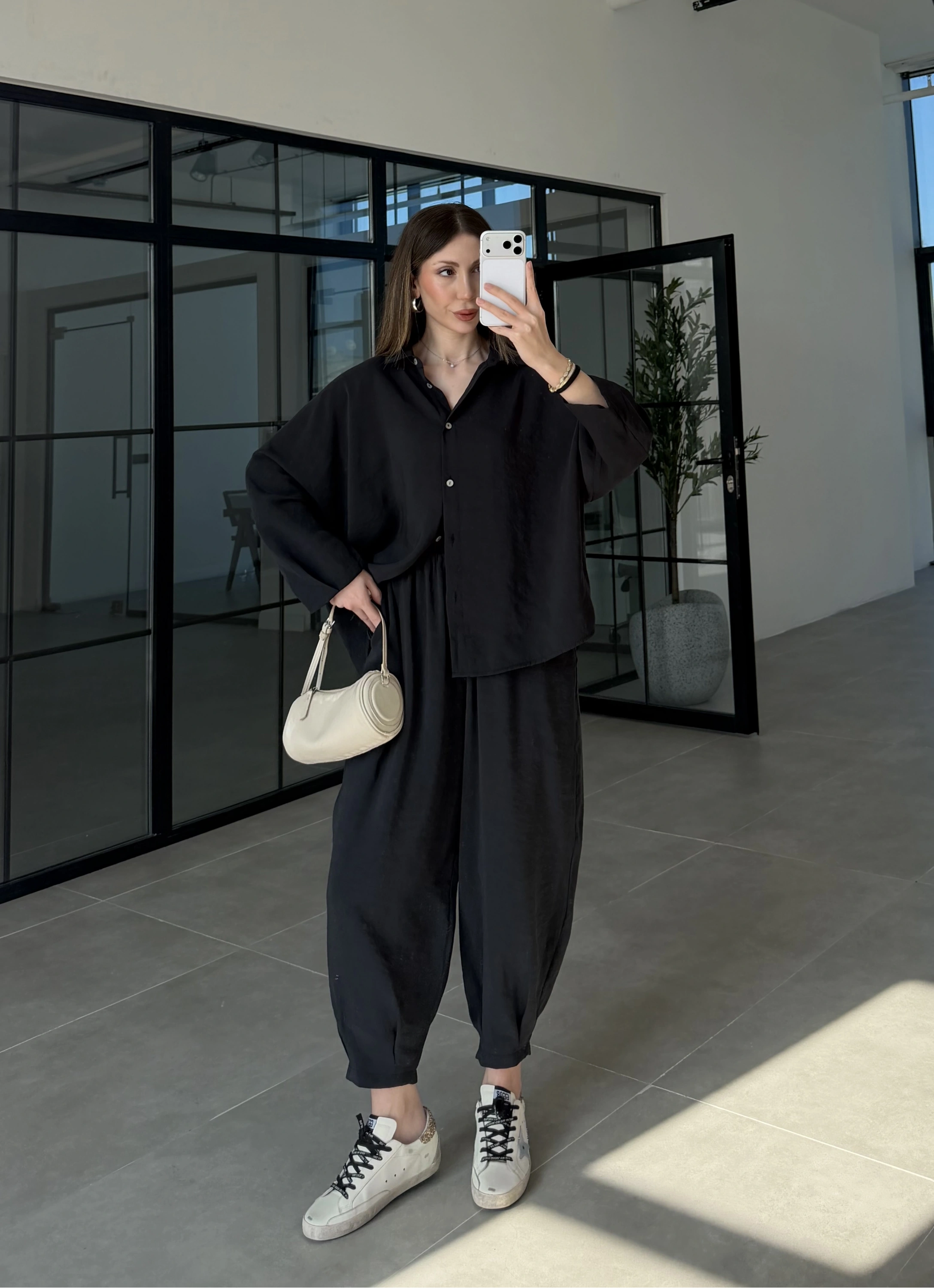 Tensel Oversize Siyah Şalvar Takım