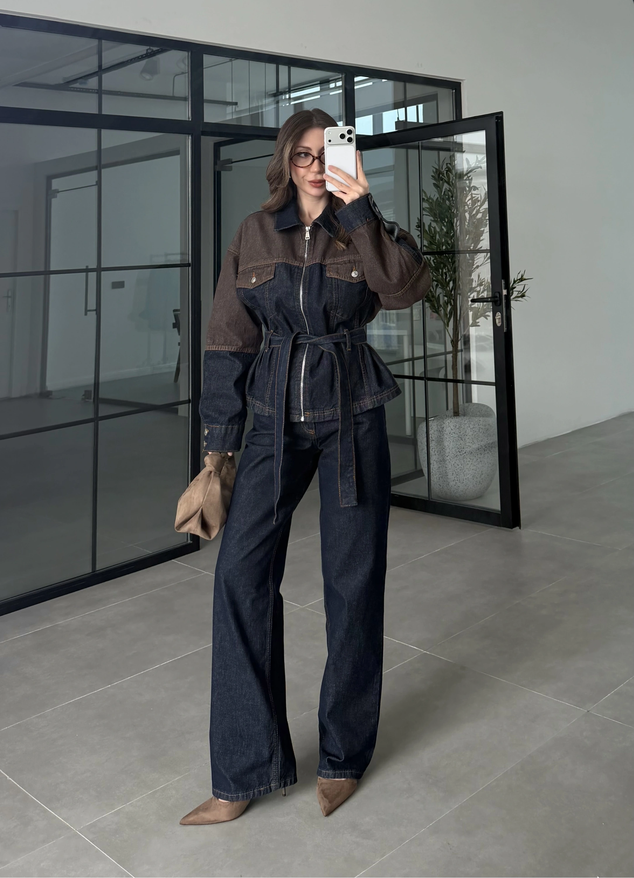 Çift Renk Denim Ceket Pantolon Takım