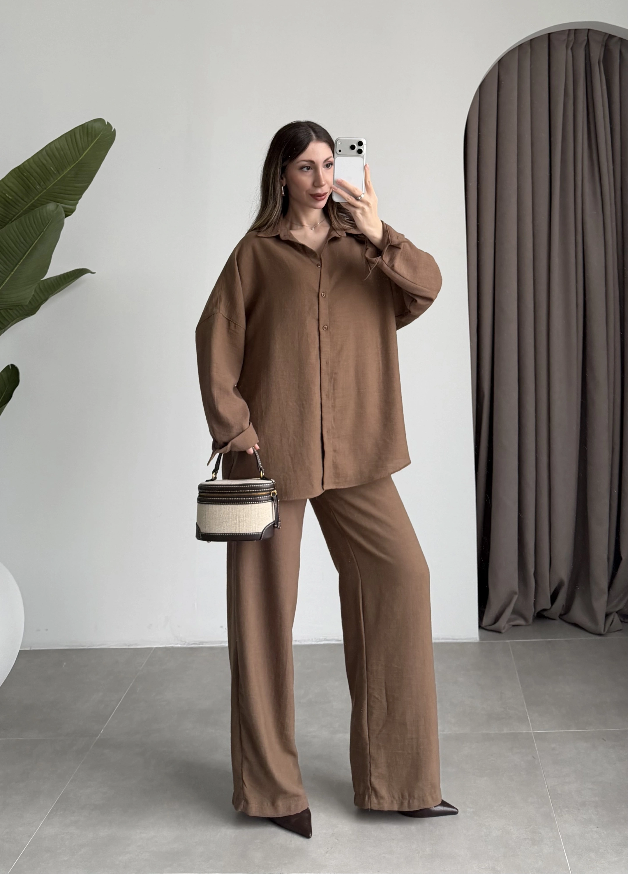 Keten Oversize Camel Gömlek Takım