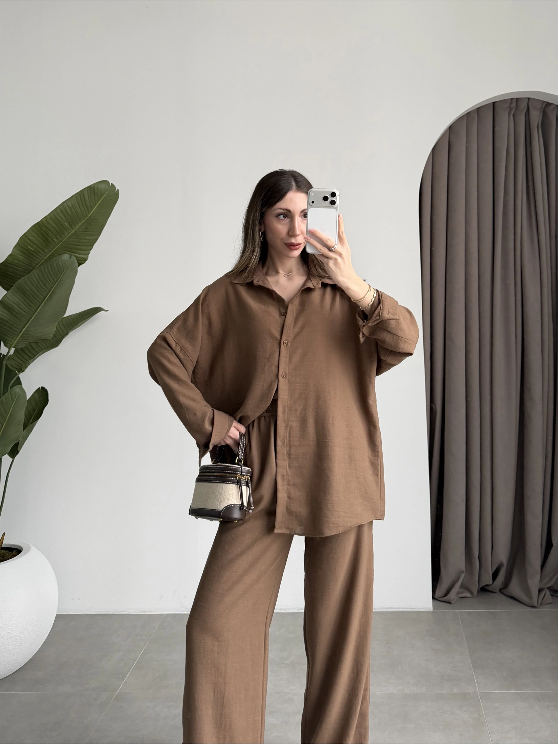 Keten Oversize Camel Gömlek Takım