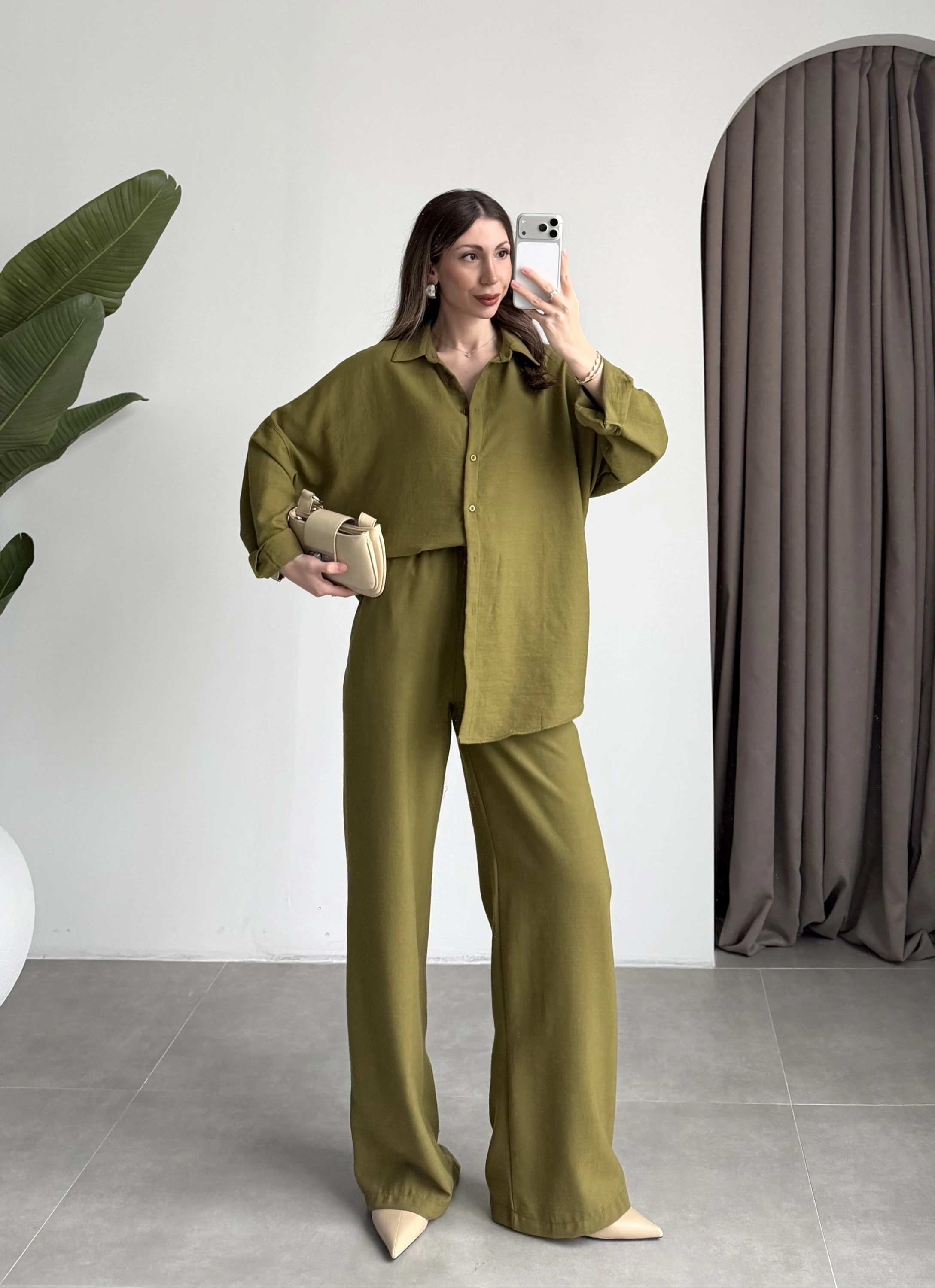Keten Oversize Yağ Yeşili Gömlek Takım