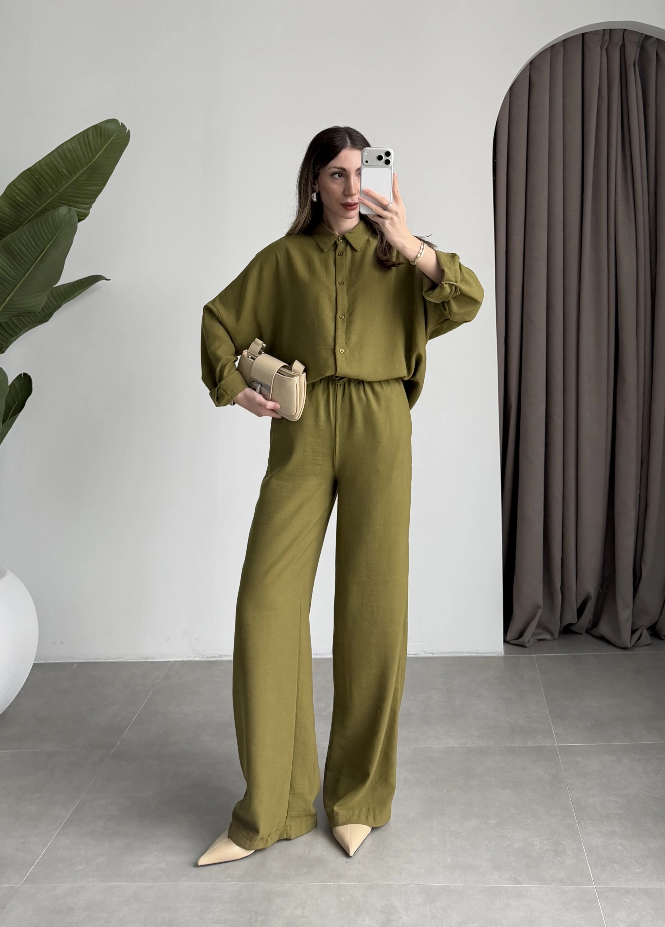 Keten Oversize Yağ Yeşili Gömlek Takım