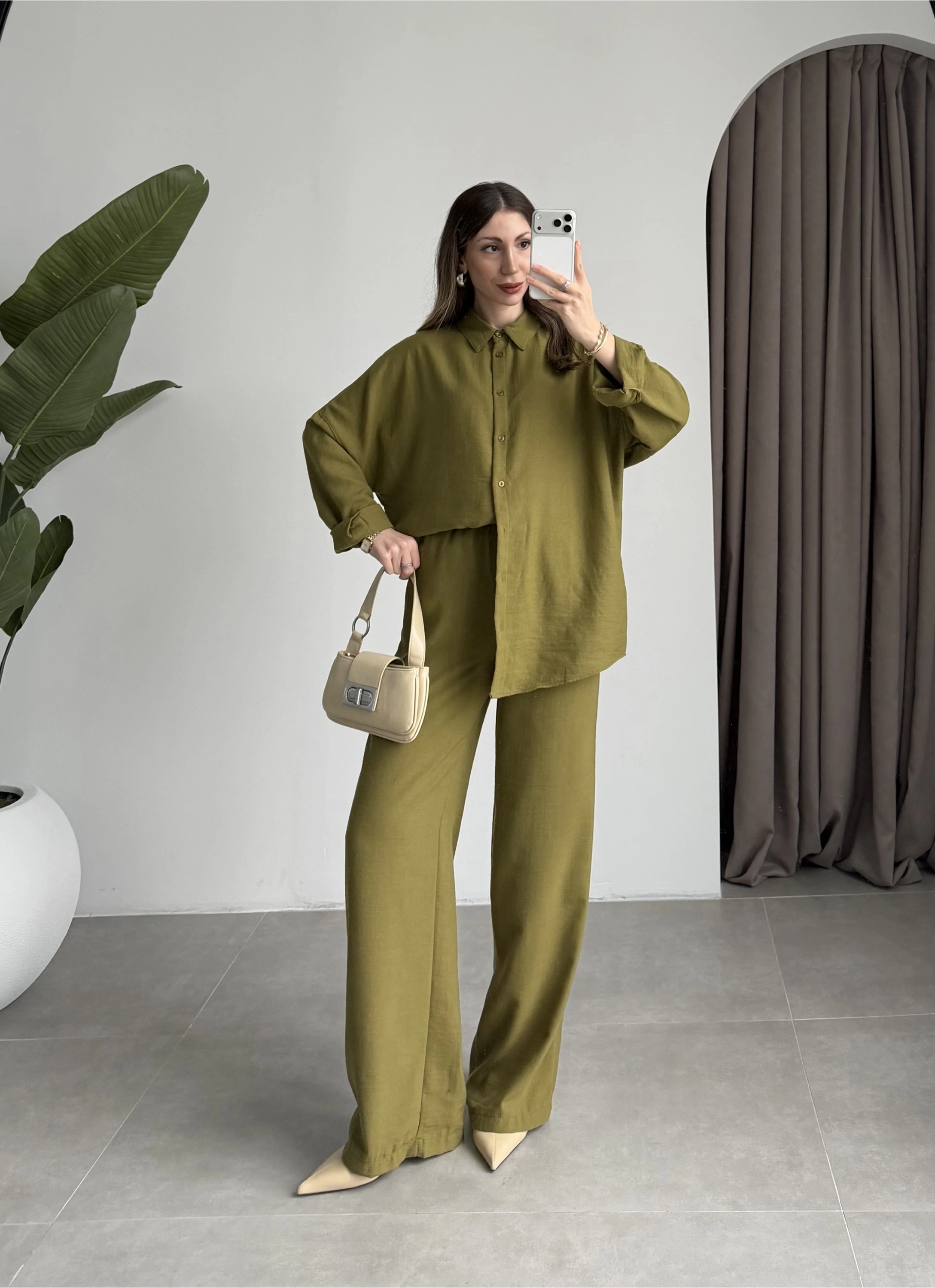 Keten Oversize Yağ Yeşili Gömlek Takım