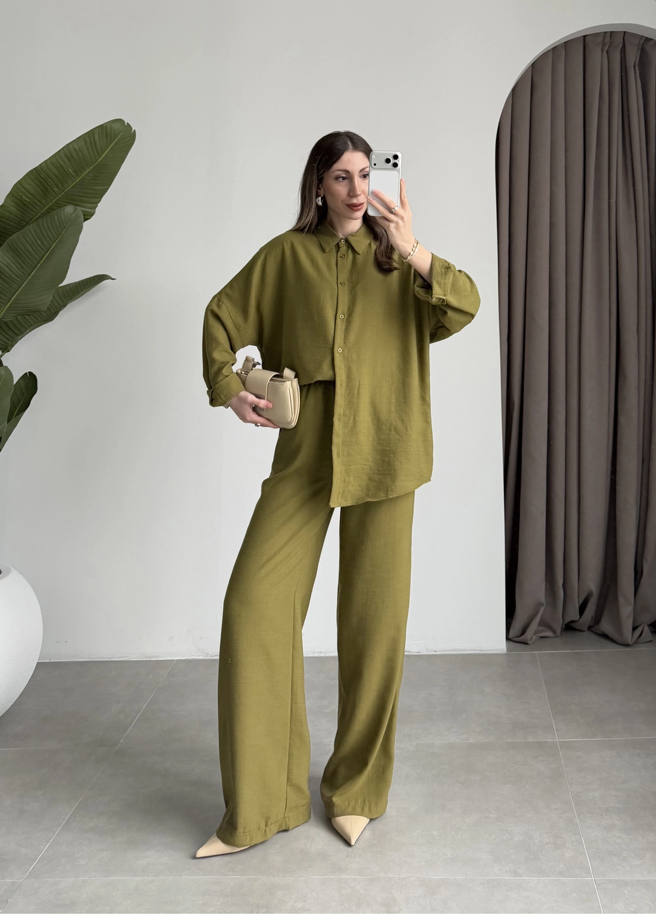 Keten Oversize Yağ Yeşili Gömlek Takım