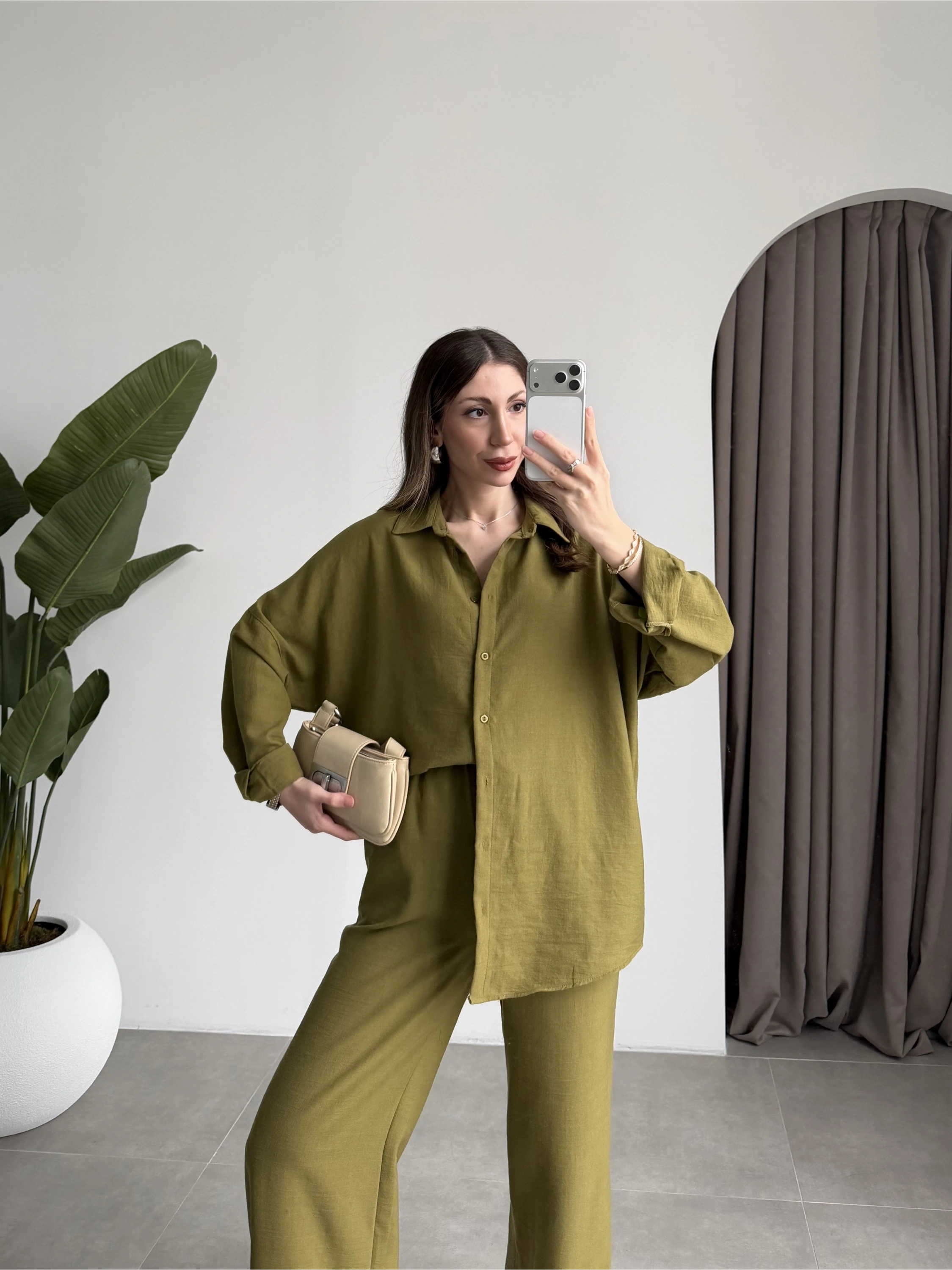 Keten Oversize Yağ Yeşili Gömlek Takım