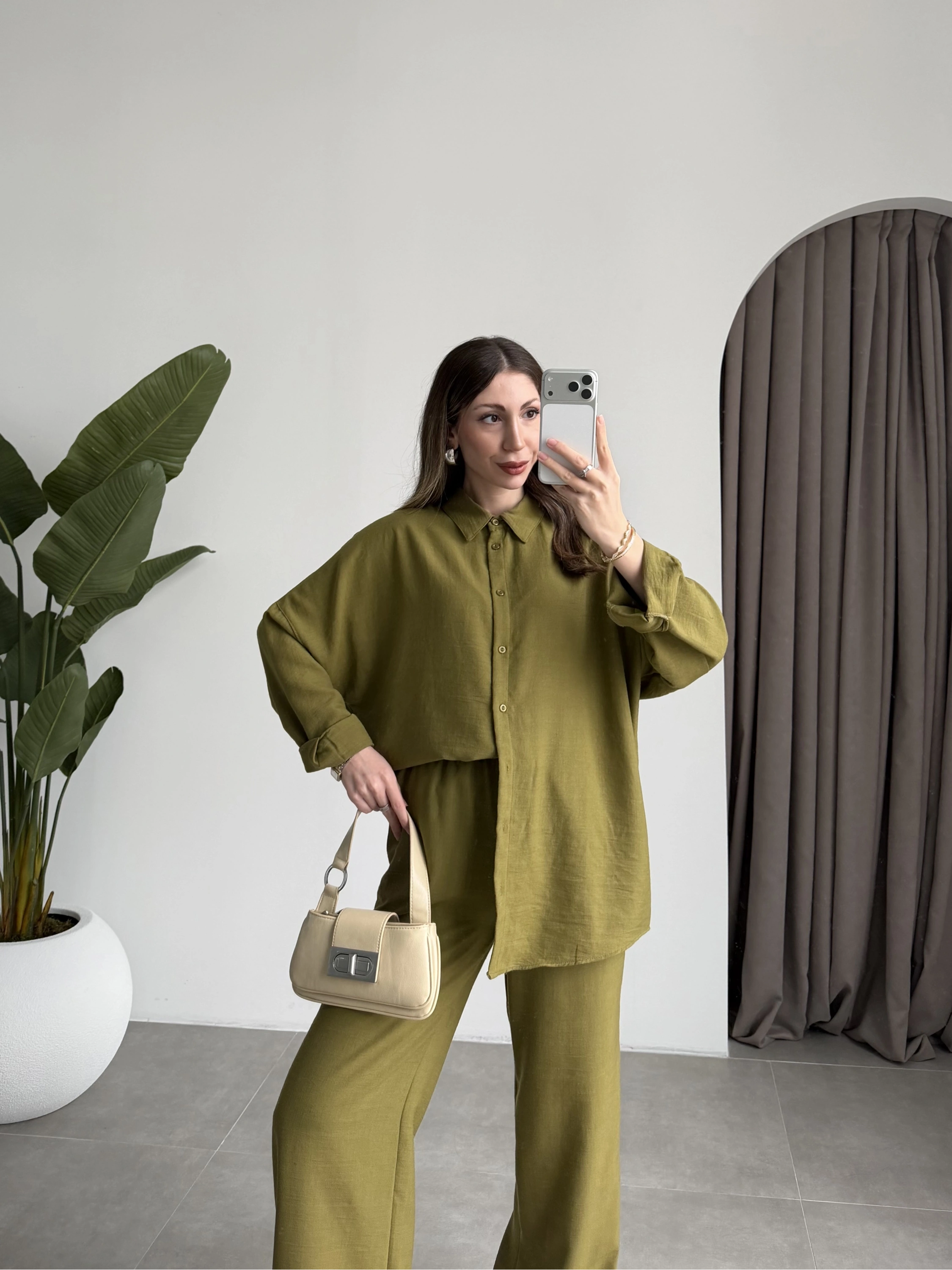 Keten Oversize Yağ Yeşili Gömlek Takım