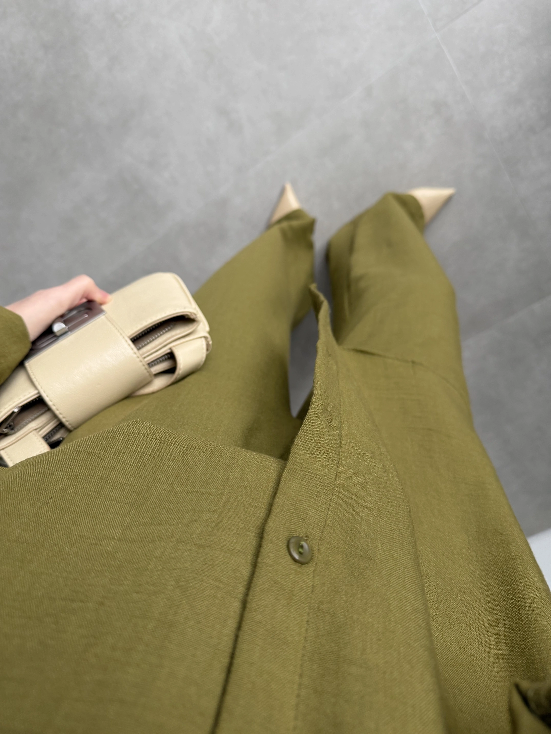 Keten Oversize Yağ Yeşili Gömlek Takım