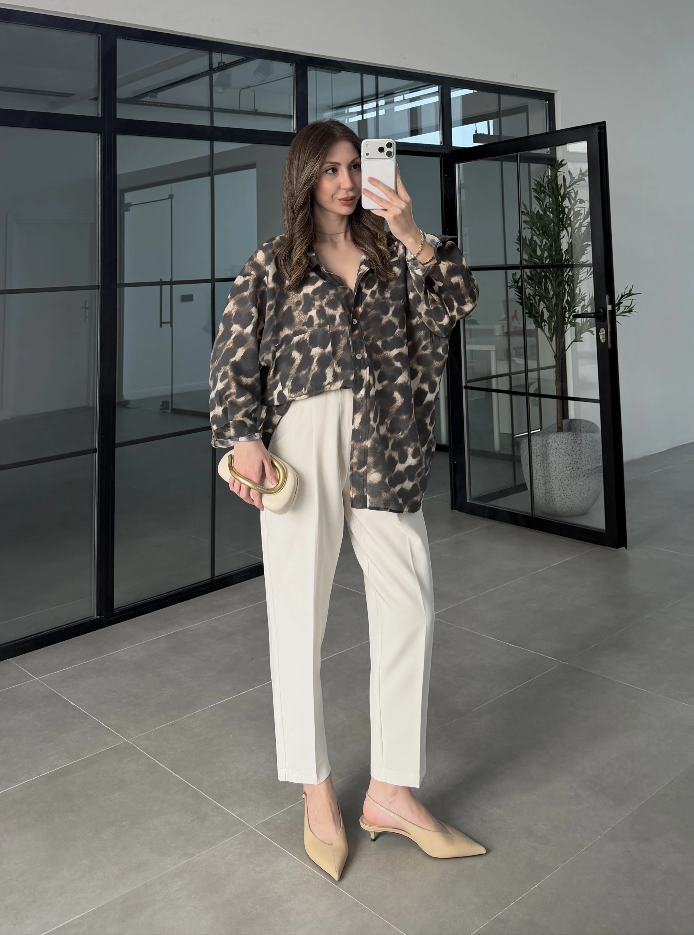Leopar Desenli Oversize Tensel Gömlek