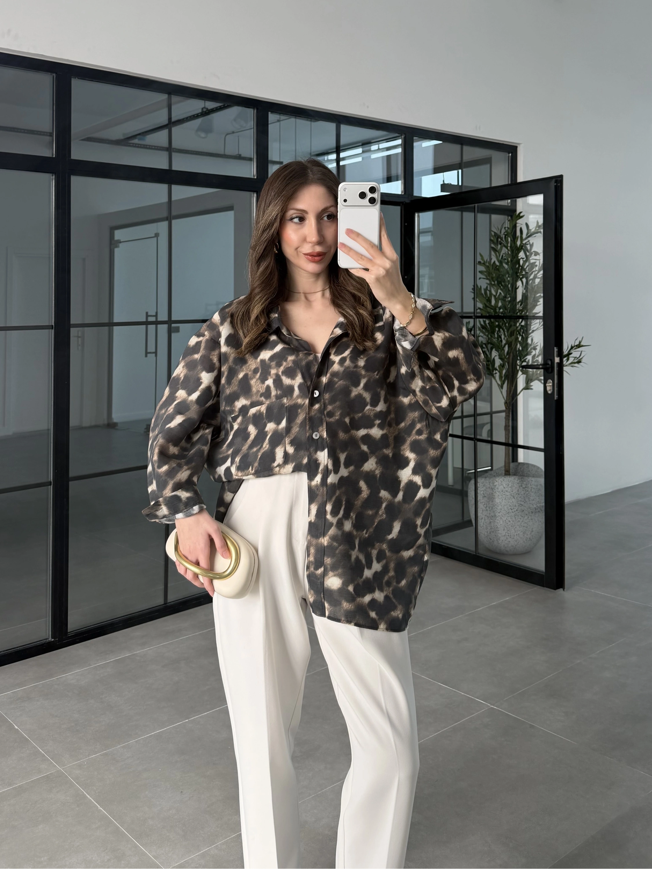 Leopar Desenli Oversize Tensel Gömlek