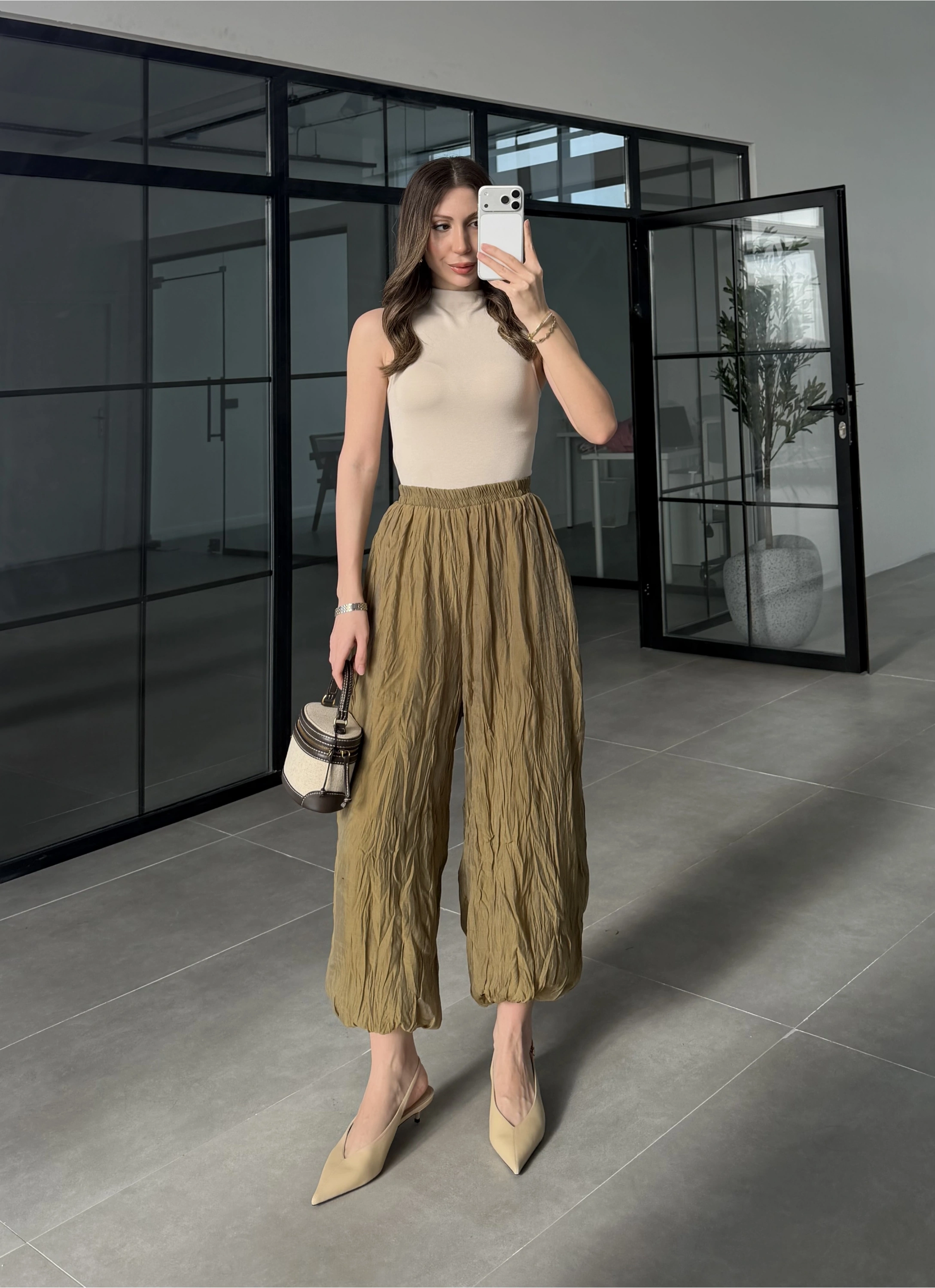 Kırışık Kumaş Olive Şalvar Pantolon