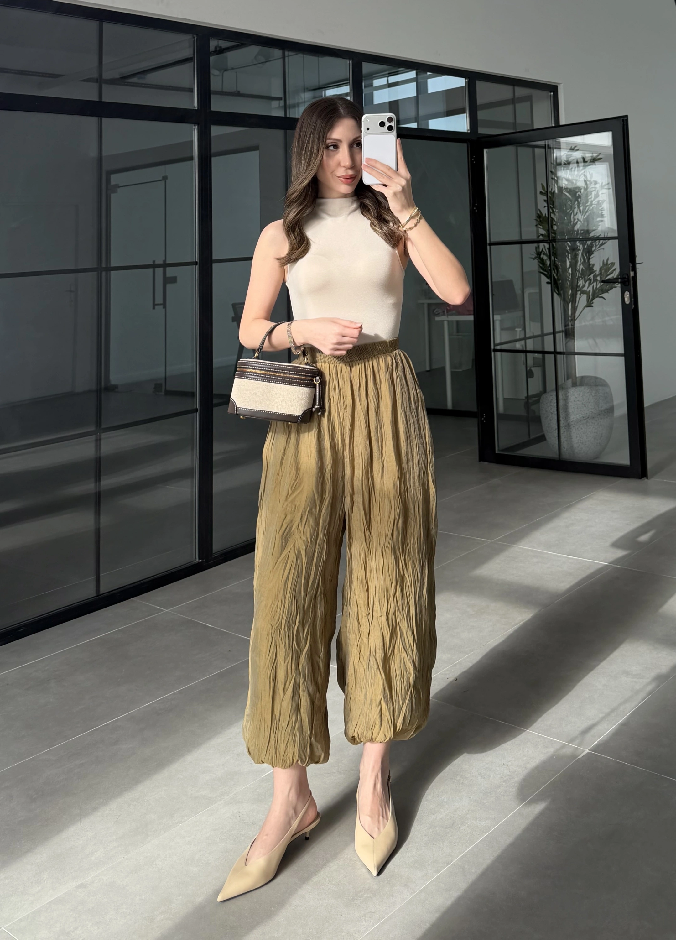 Kırışık Kumaş Olive Şalvar Pantolon
