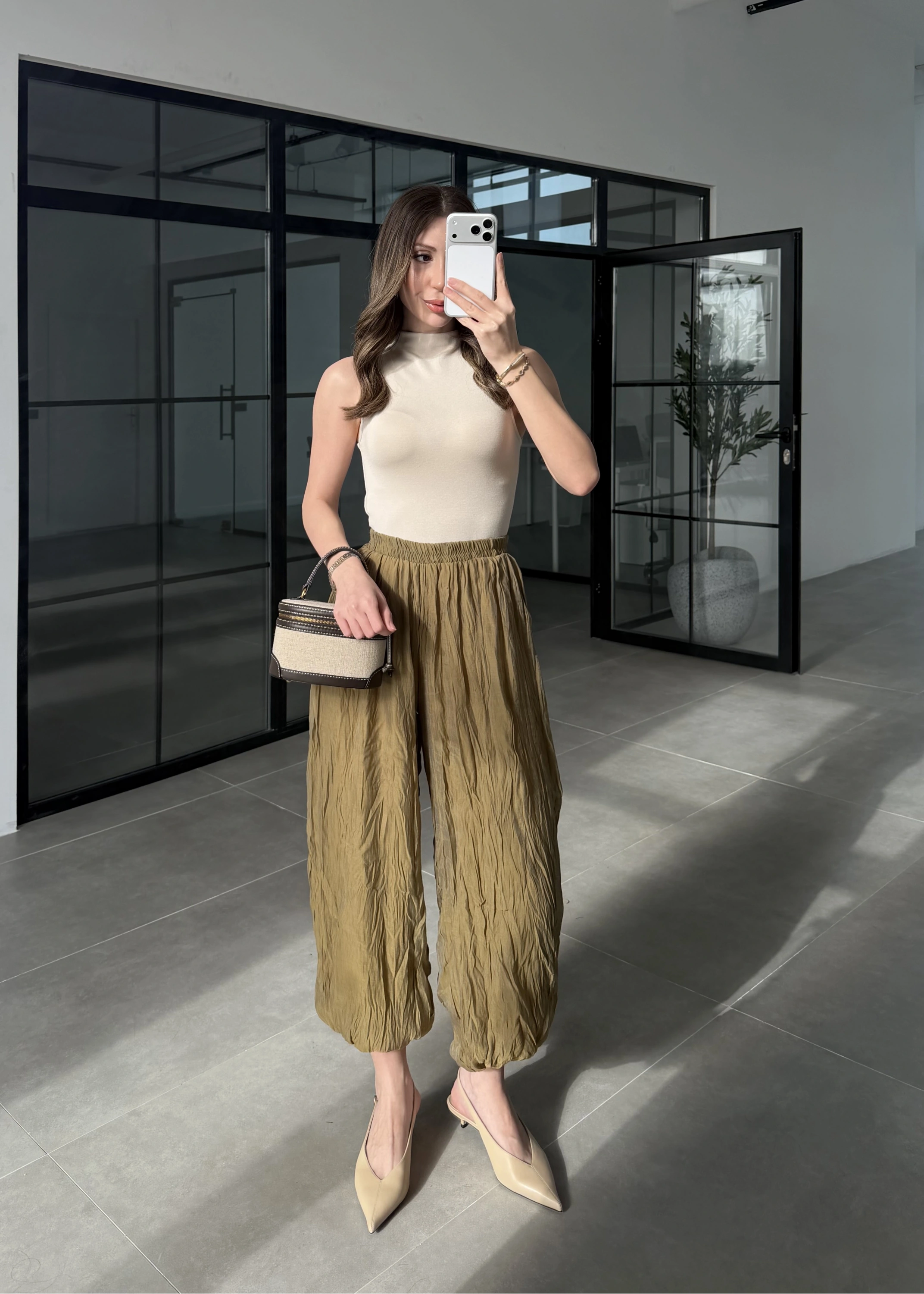 Kırışık Kumaş Olive Şalvar Pantolon