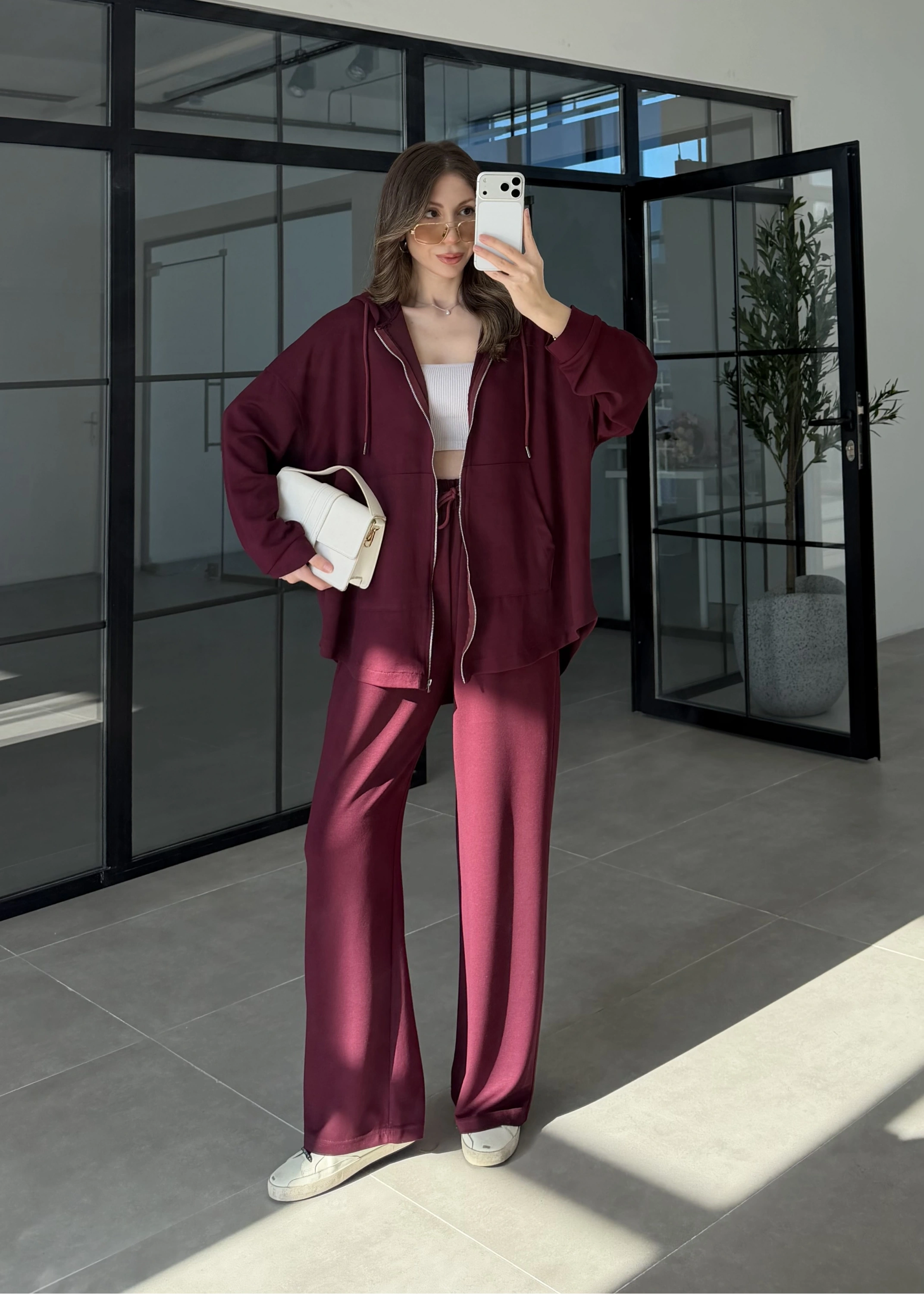 Kapüşonlu Oysh Kumaş Fermuarlı Bordo Spor Takım