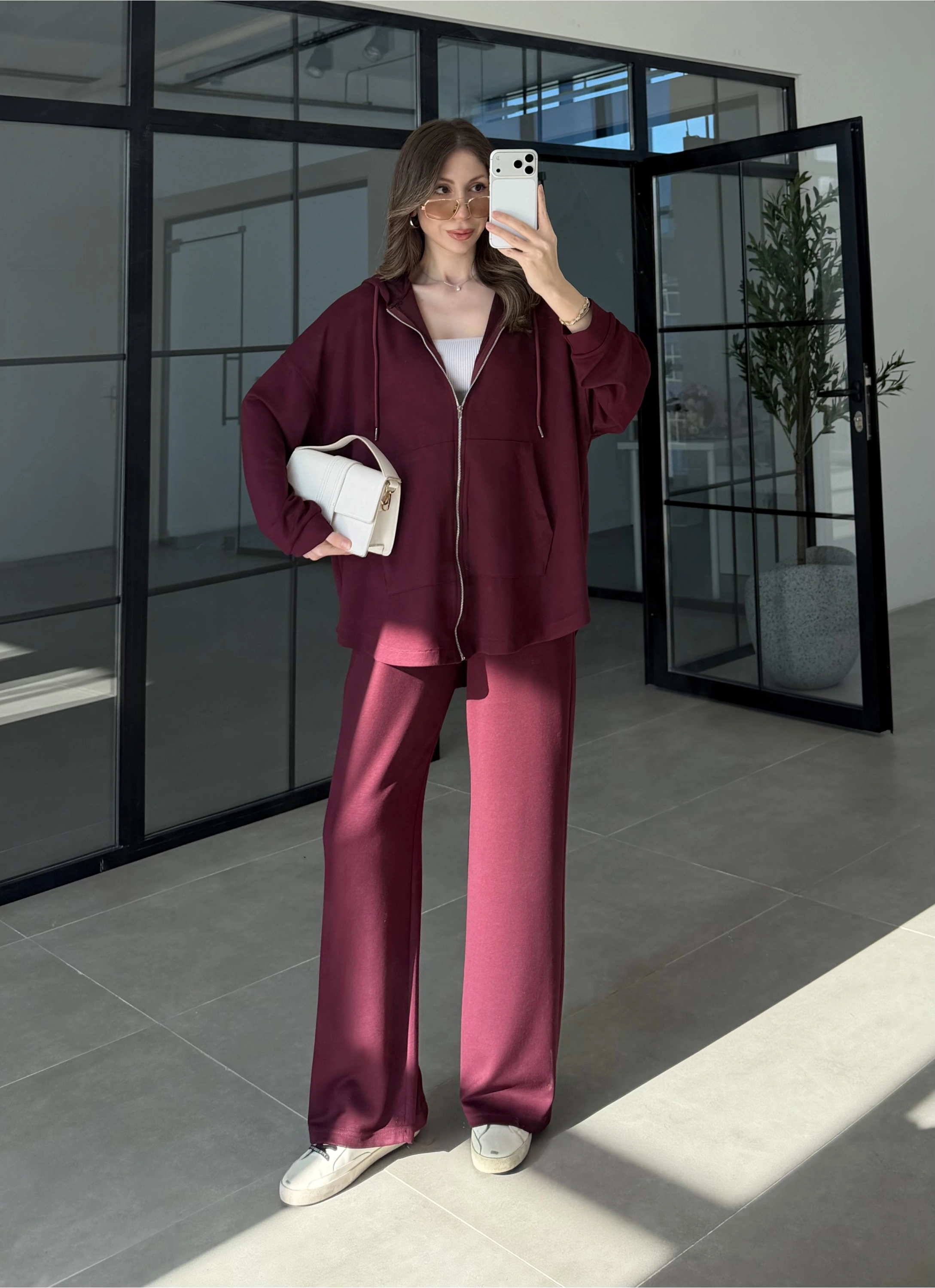 Kapüşonlu Oysh Kumaş Fermuarlı Bordo Spor Takım