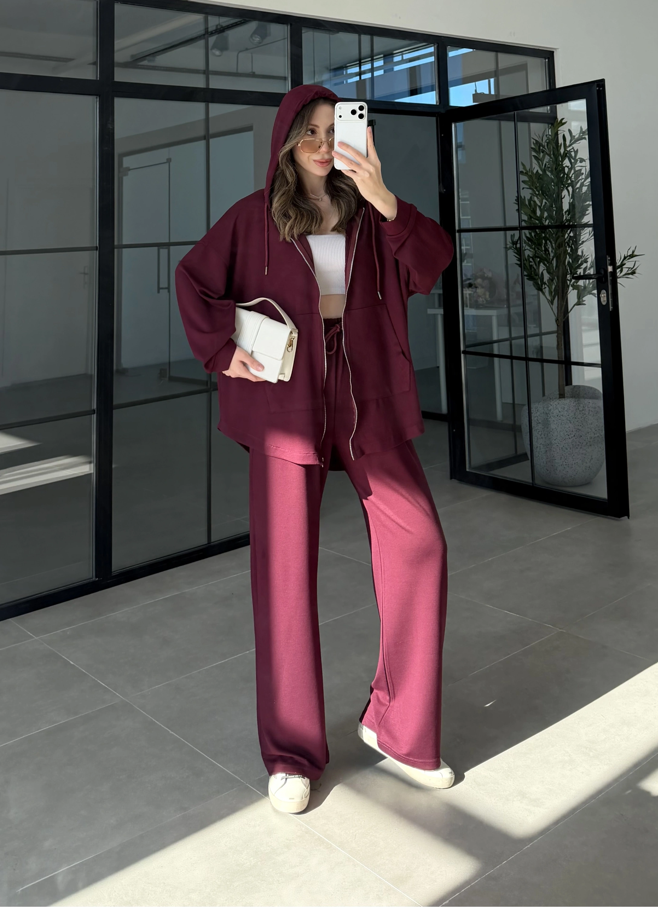 Kapüşonlu Oysh Kumaş Fermuarlı Bordo Spor Takım