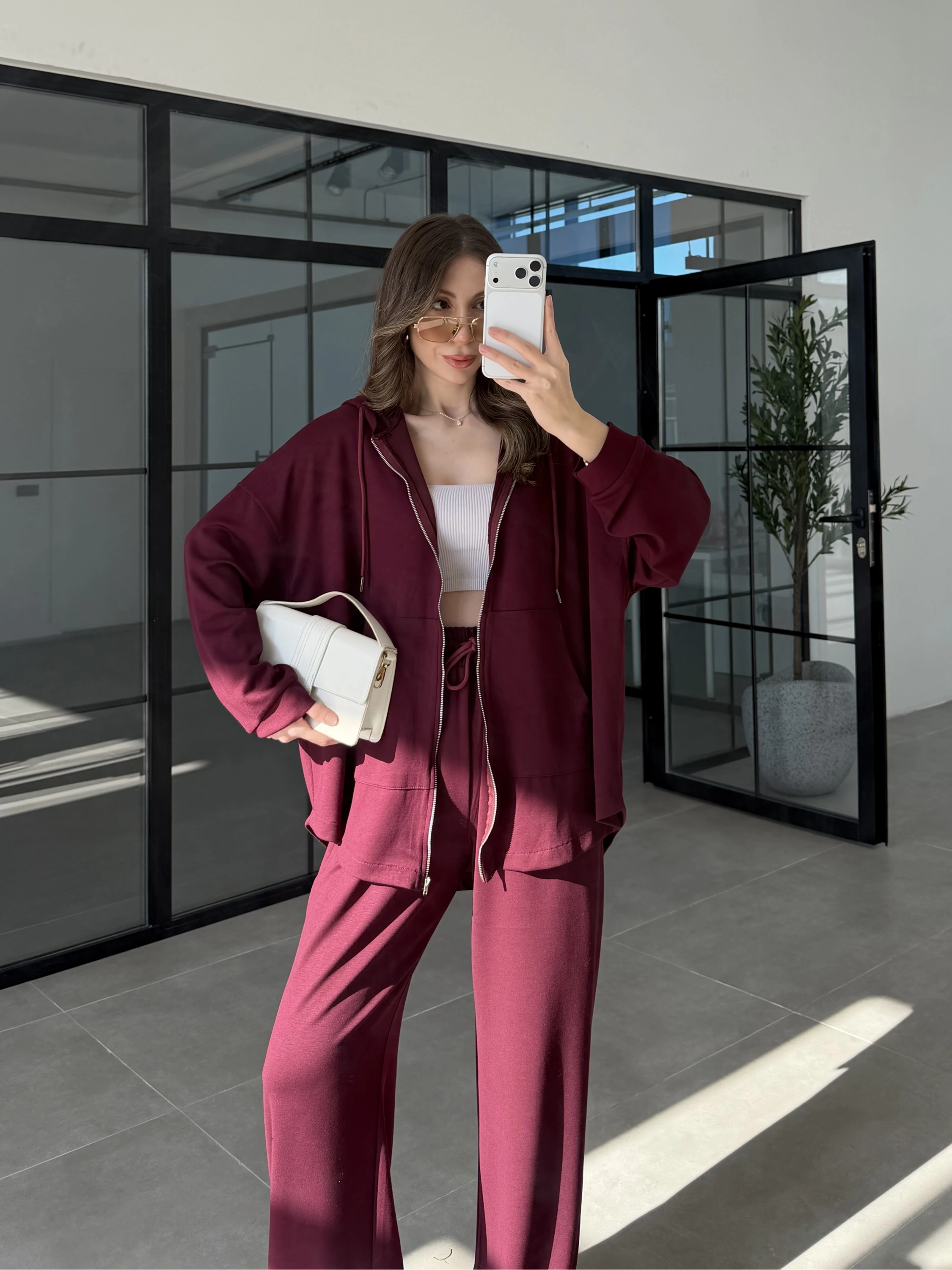 Kapüşonlu Oysh Kumaş Fermuarlı Bordo Spor Takım