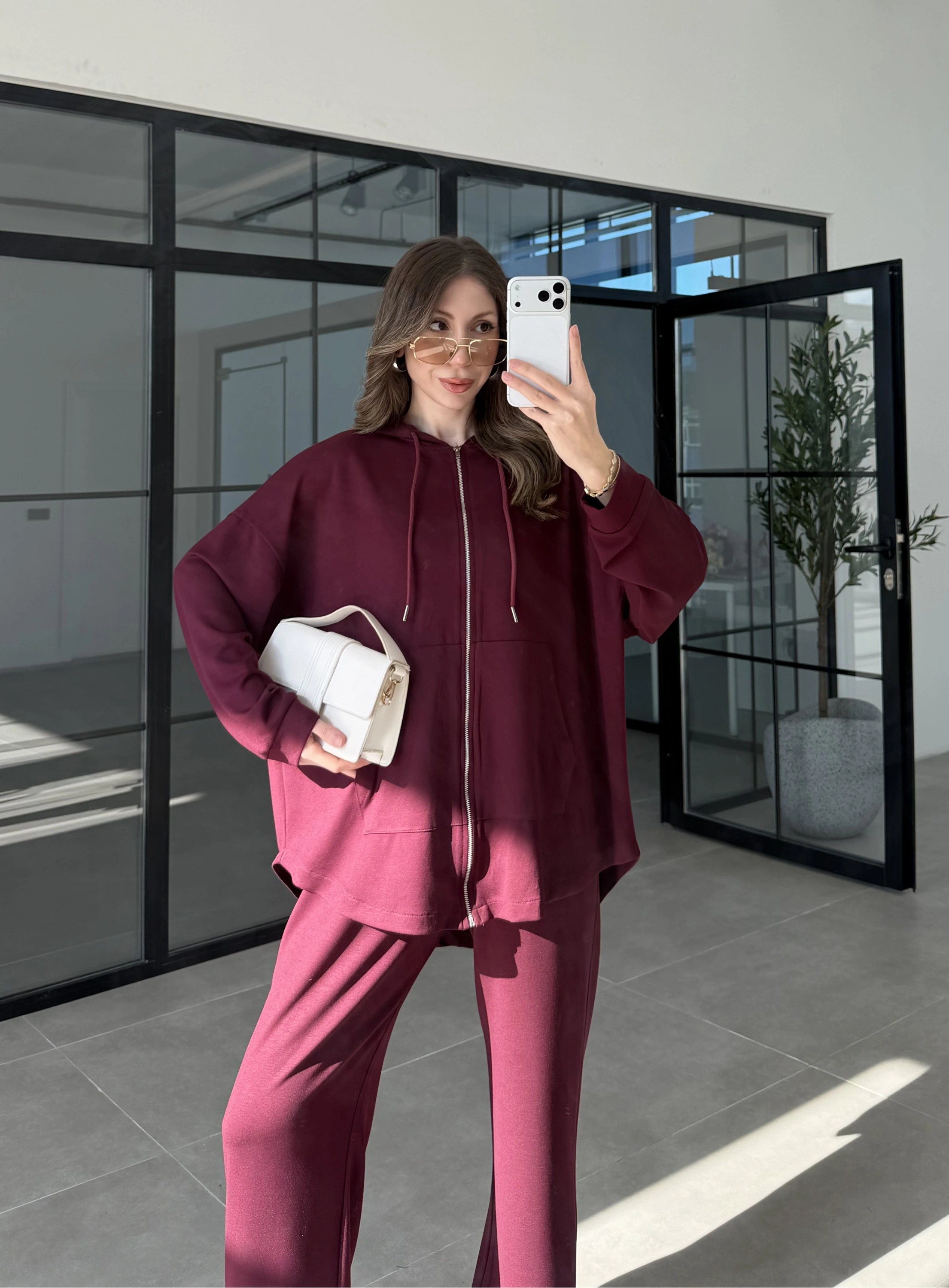 Kapüşonlu Oysh Kumaş Fermuarlı Bordo Spor Takım