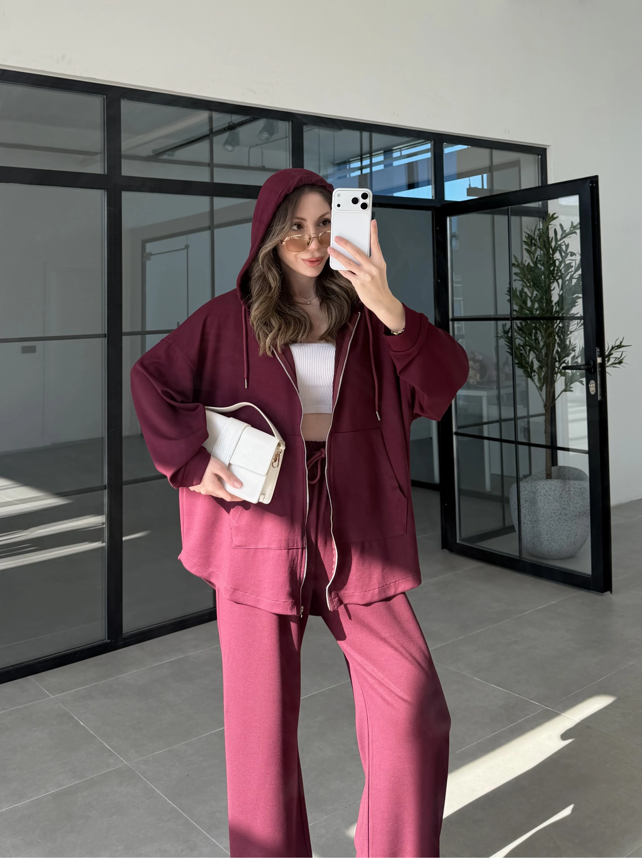 Kapüşonlu Oysh Kumaş Fermuarlı Bordo Spor Takım