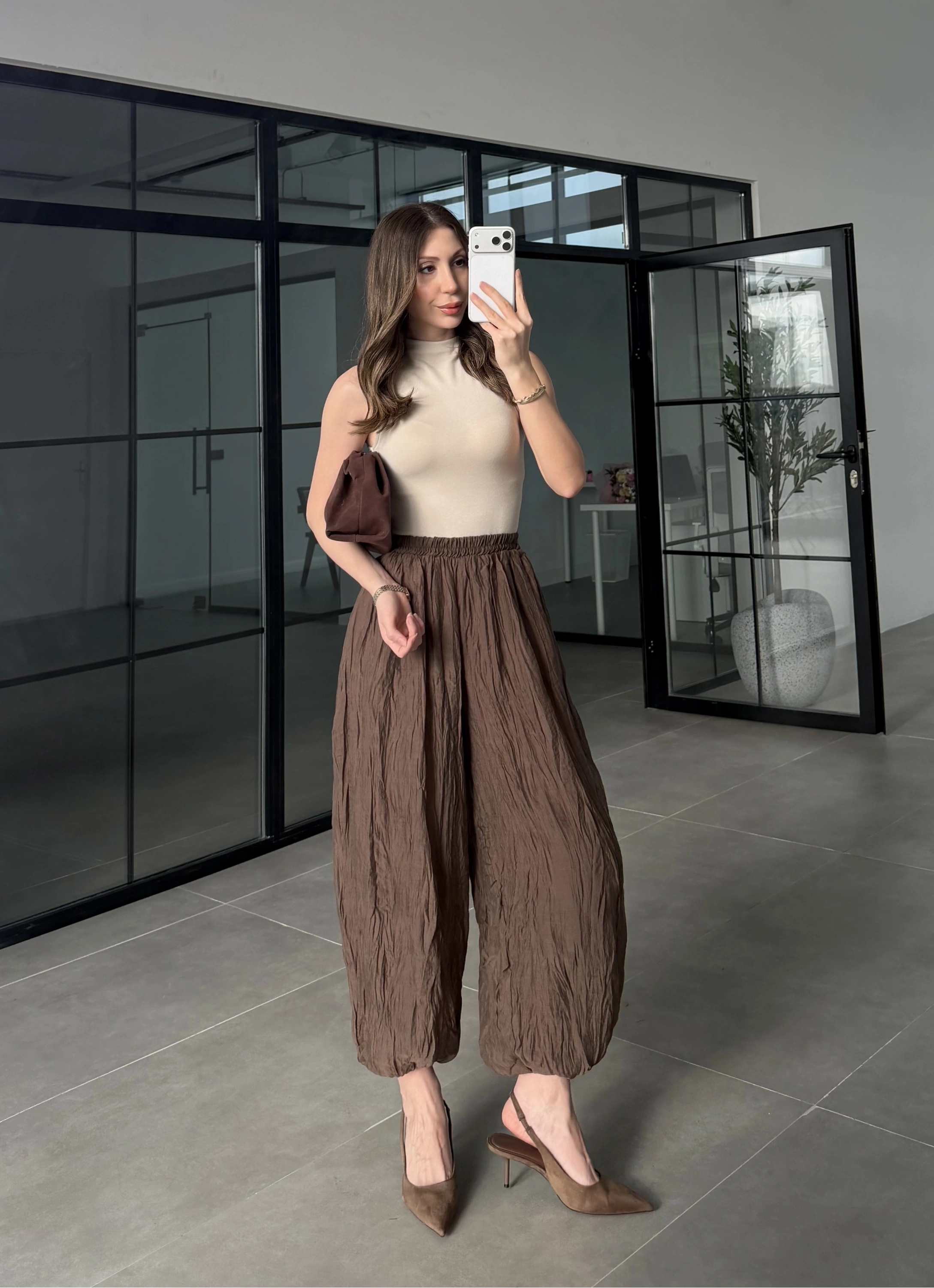 Kırışık Kumaş Kahve Şalvar Pantolon