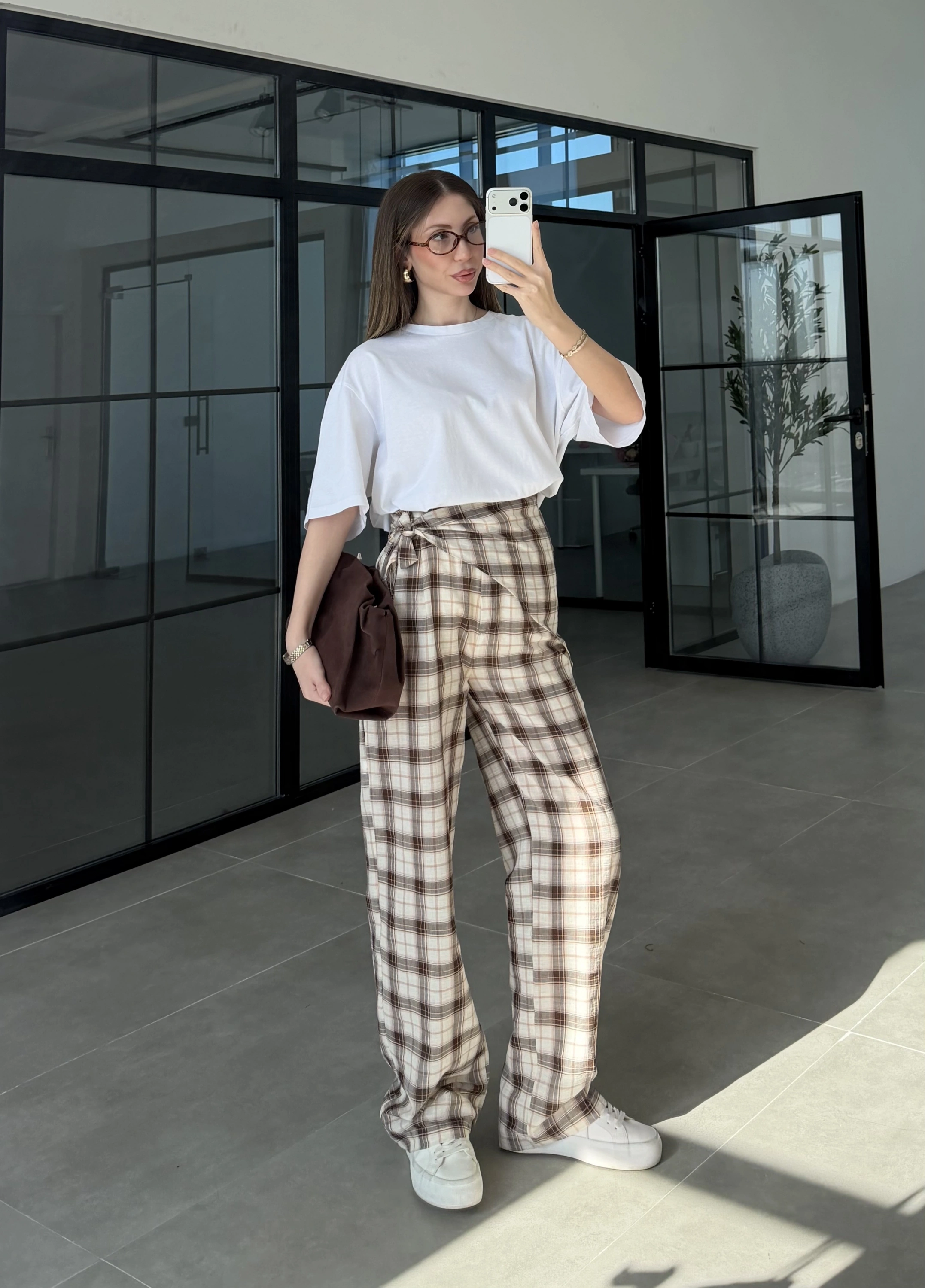 Ekose Bağlamalı Kahve Pantolon