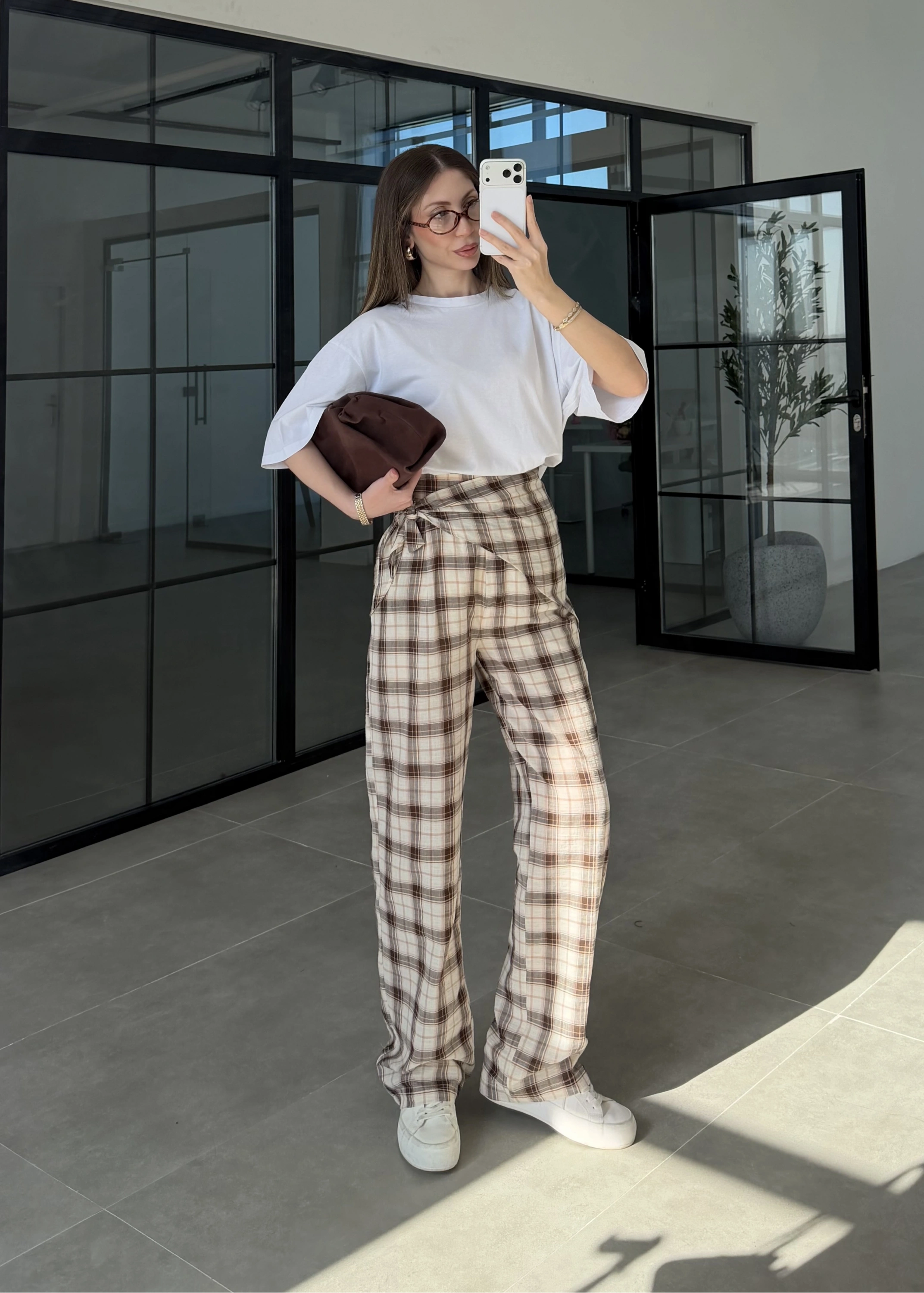 Ekose Bağlamalı Kahve Pantolon
